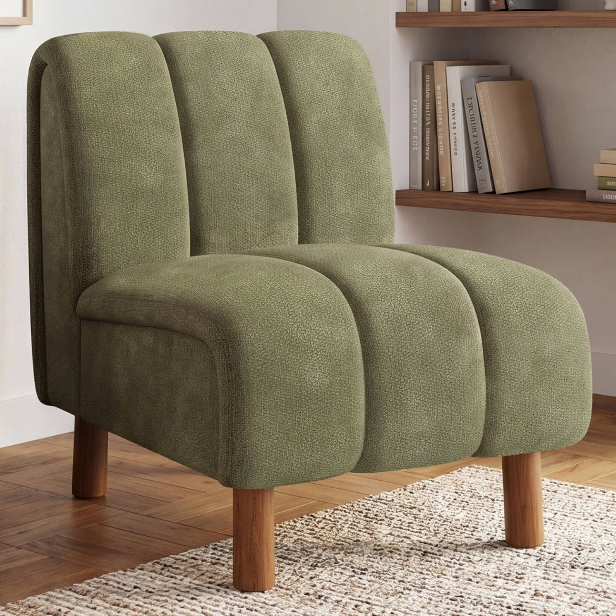 Voir la diapositive 2 : ID MARKET Fauteuil HECTOR tissu chenille vert et pieds arrondis effet noyer