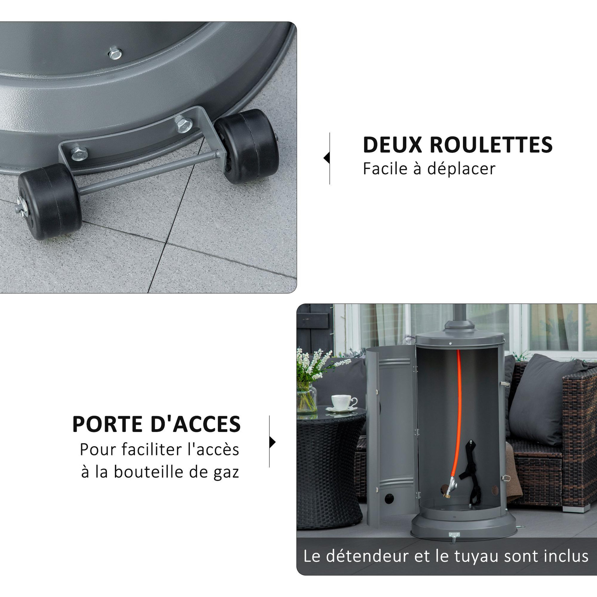 Voir la diapositive 5 : OUTSUNNY Parasol chauffant commercial 12,5 kW - chauffage extérieur gaz - chauffage de terrasse - double sécurité - puissance réglable - roulettes - acier inox. gris