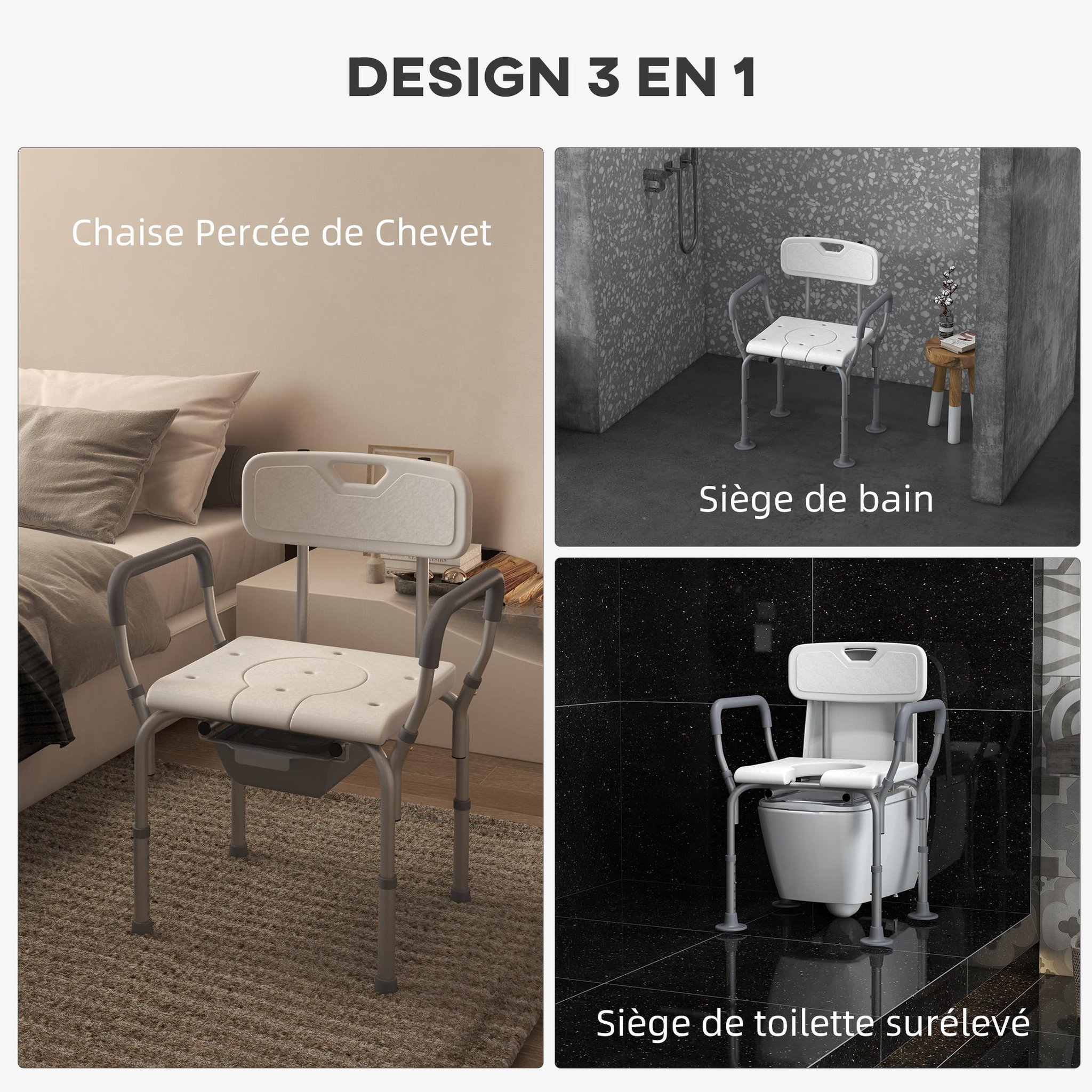 Voir la diapositive 4 : HOMCOM Chaise de douche chaise percée 2 en 1 - hauteur réglable, antidépante - seau de toilette, accoudoirs - alu hdpe blanc
