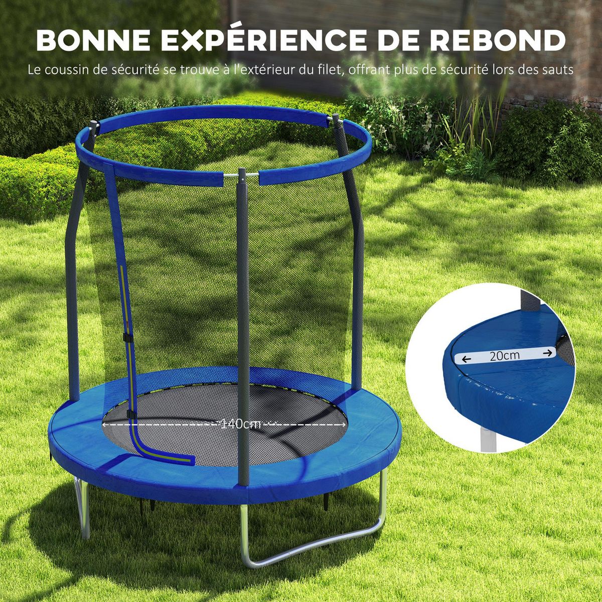 HOMCOM Trampoline de jardin enfant Ø183 cm - couvre-ressort, filet de sécurité porte zippée verrouillable inclus - acier bleu