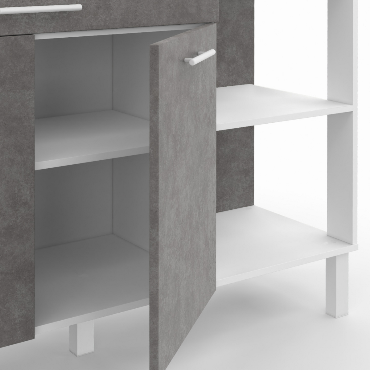 ID MARKET Buffet bas de cuisine 120 cm CINA plan de travail H.83 cm 2 portes + tiroir blanc et effet béton