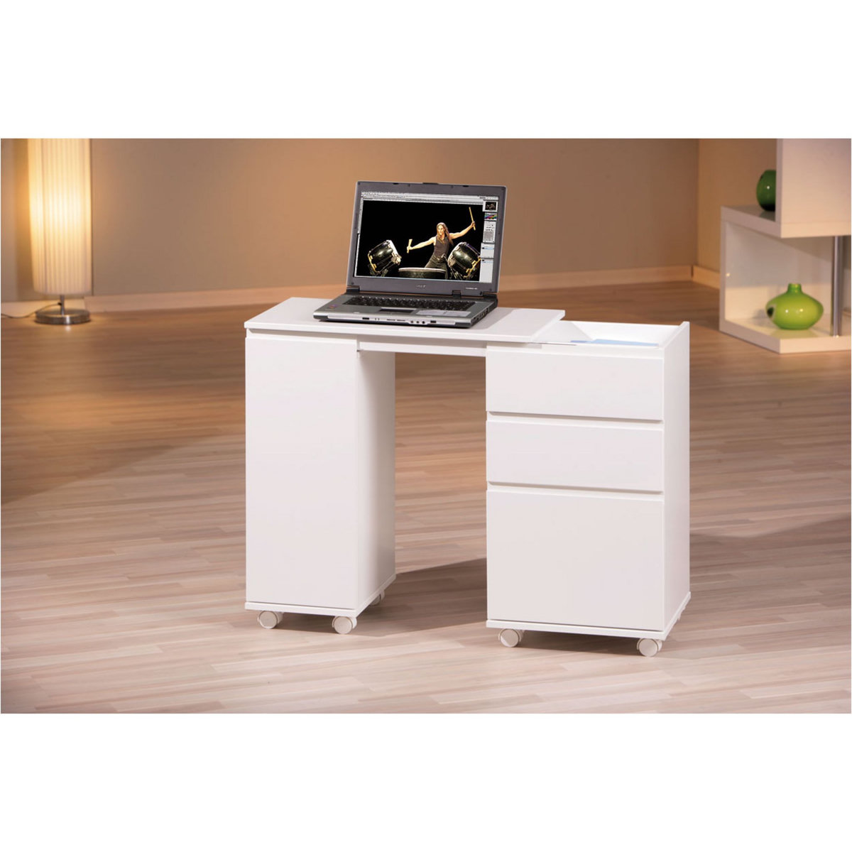 BUREAU droit gain de place 1 portes 3 tiroirs L66/121 cm LAPTOP