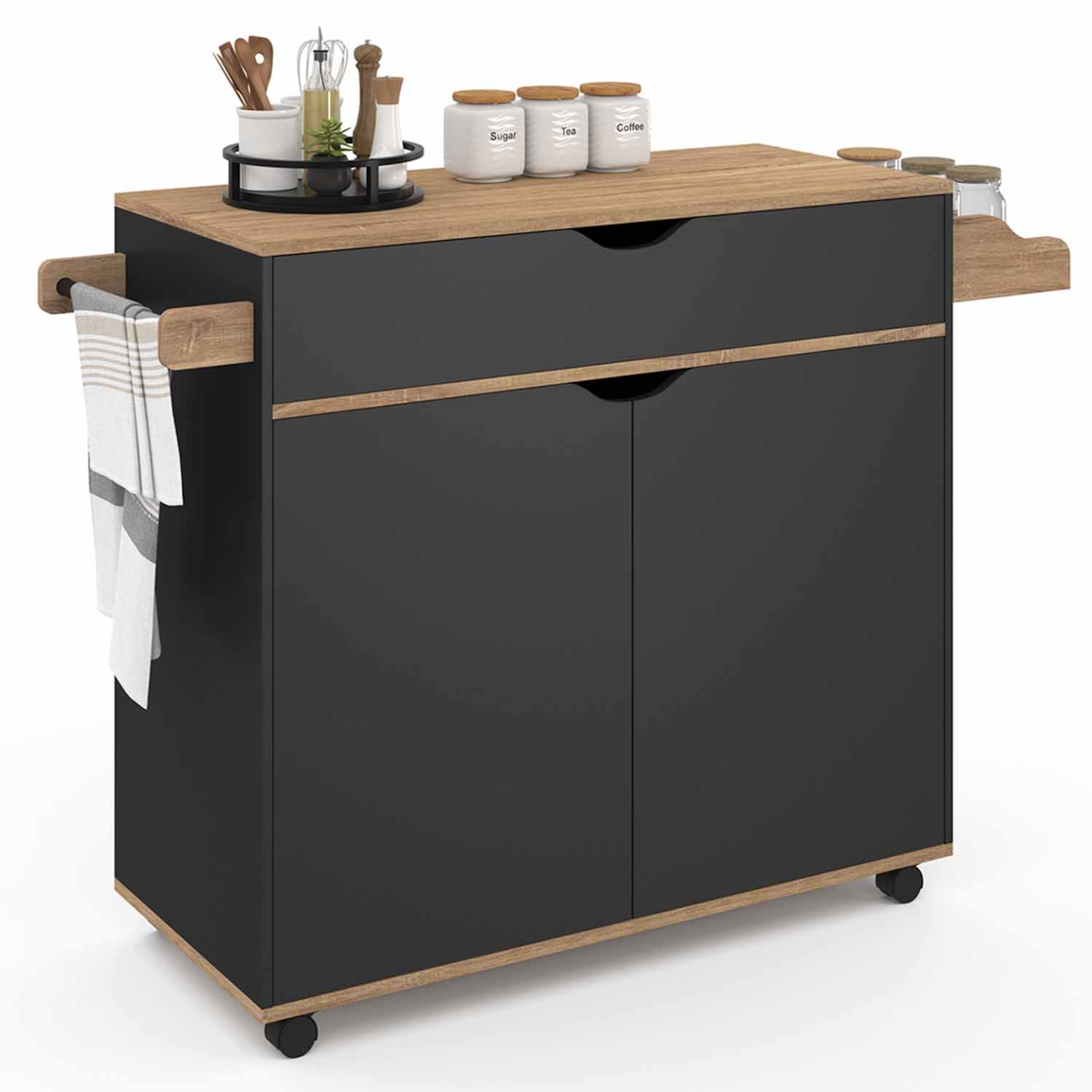 ID MARKET Desserte de cuisine COSY XXL placard avec tiroir noir et plateaux façon hêtre L.90 CM