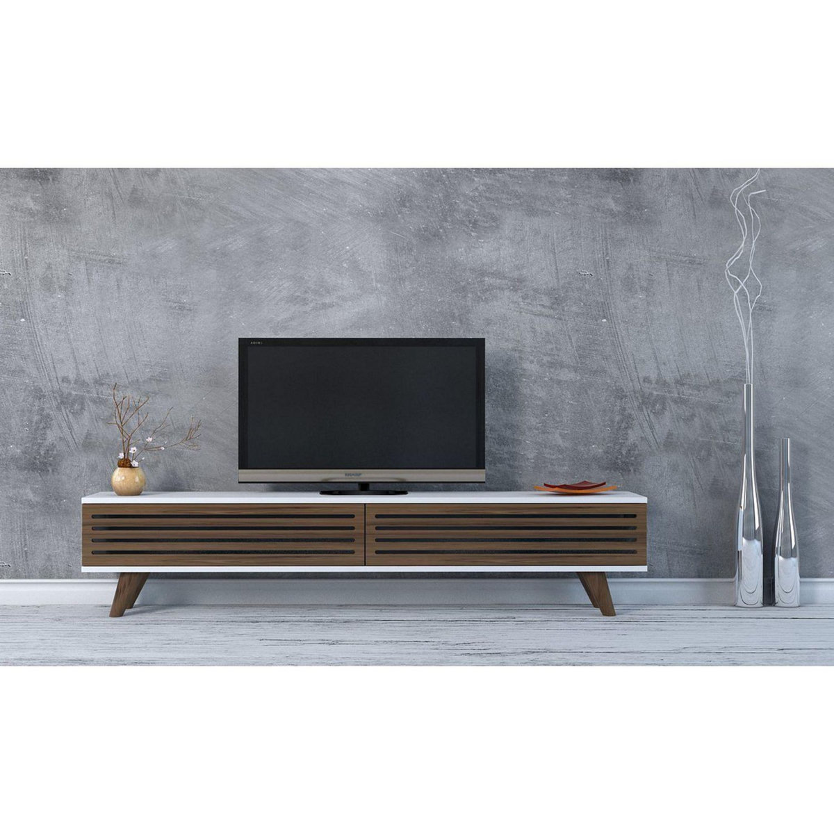 TOILINUX Meuble TV design lattes Hill - L. 160 x H. 35 cm - Marron