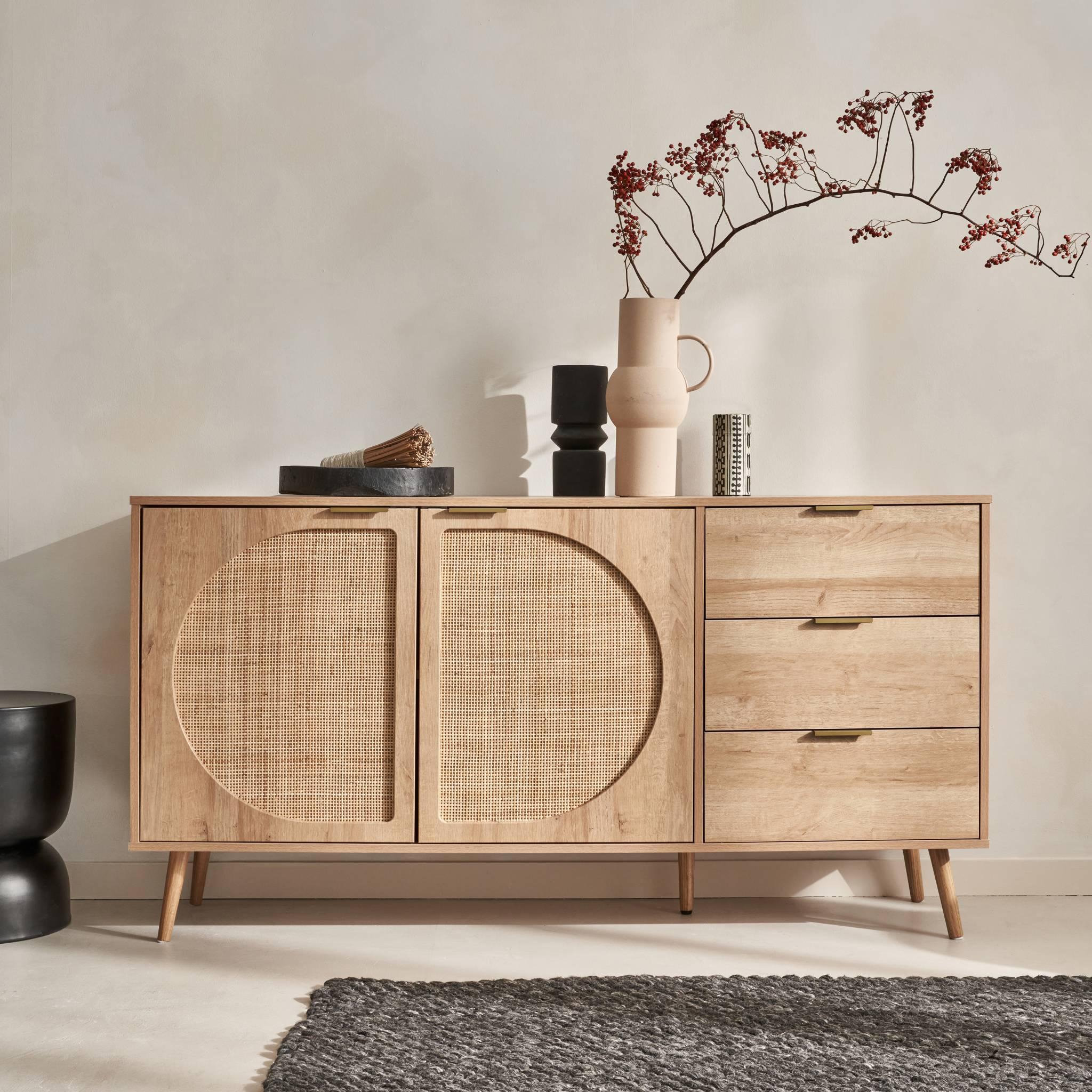 Voir la diapositive 2 : SWEEEK Buffet de rangement. Eva.  décor bois et cannage arrondi. 2 portes 3 tiroirs. buffet bas. L 150 x l 39 x H 79cm