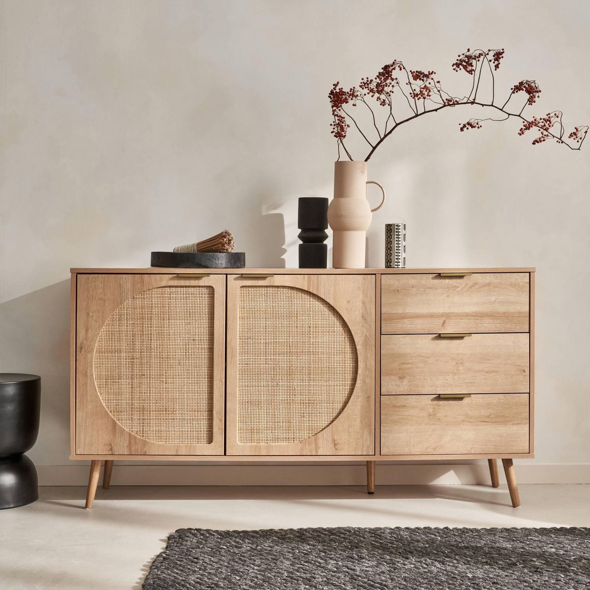 SWEEEK Buffet de rangement. Eva.  décor bois et cannage arrondi. 2 portes 3 tiroirs. buffet bas. L 150 x l 39 x H 79cm