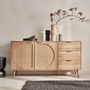 Voir la diapositive 2 : SWEEEK Buffet de rangement. Eva.  décor bois et cannage arrondi. 2 portes 3 tiroirs. buffet bas. L 150 x l 39 x H 79cm