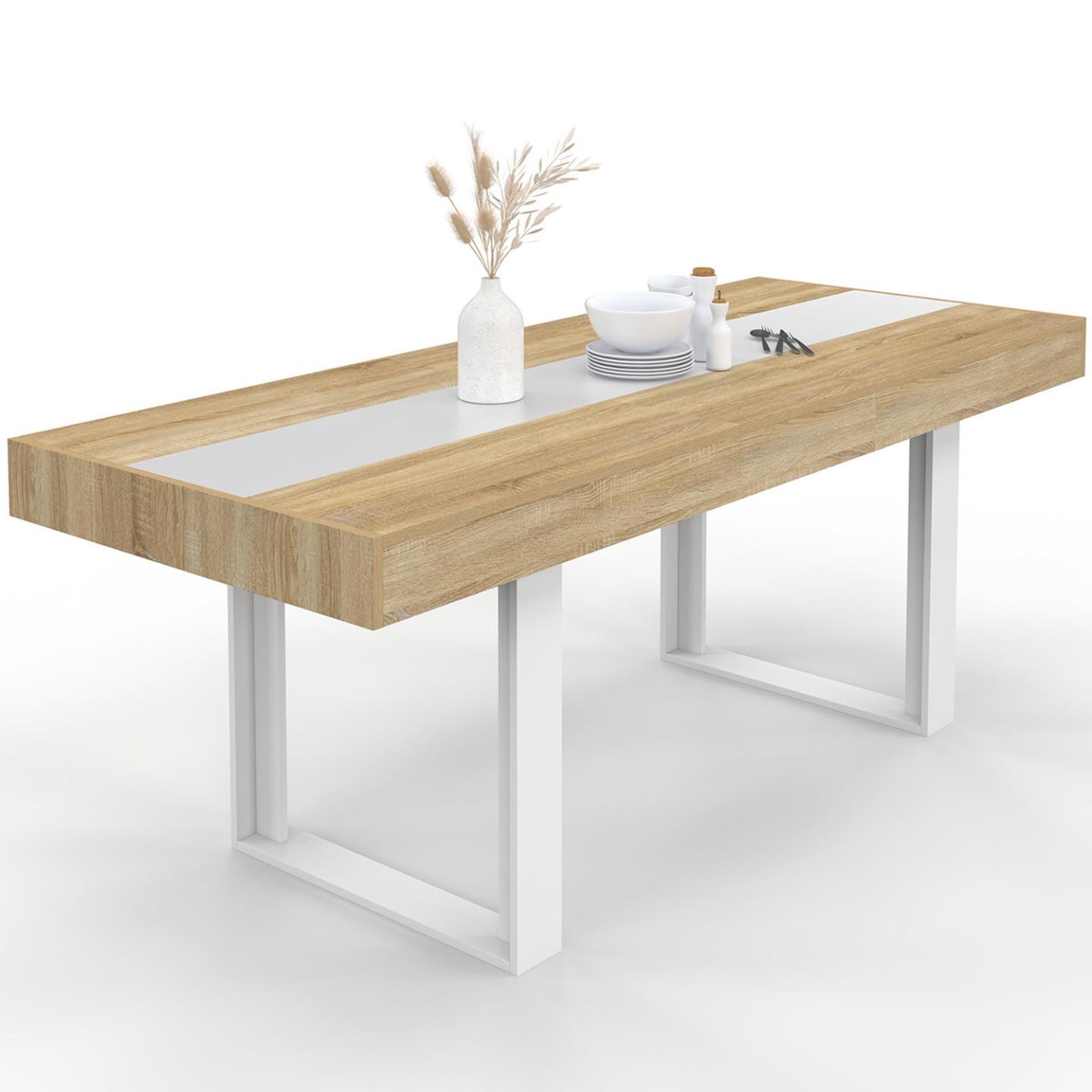 ID MARKET Table à manger extensible rectangle phoenix 4-8 personnes bois et blanc bande centrale blanche 160-200 cm