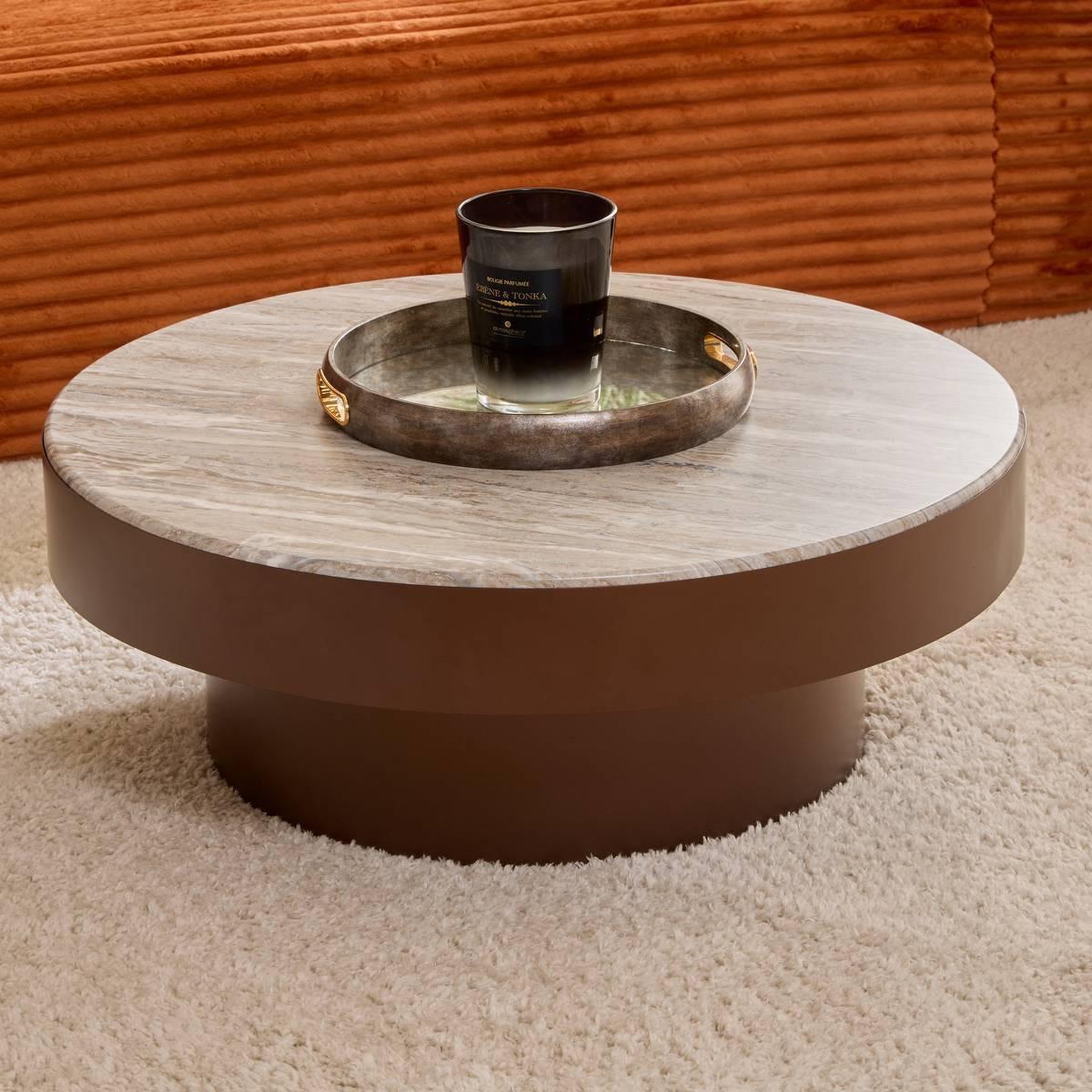 Voir la diapositive 6 : ATMOSPHERA Table Basse Effet Marbre  Barrel  80cm Chocolat