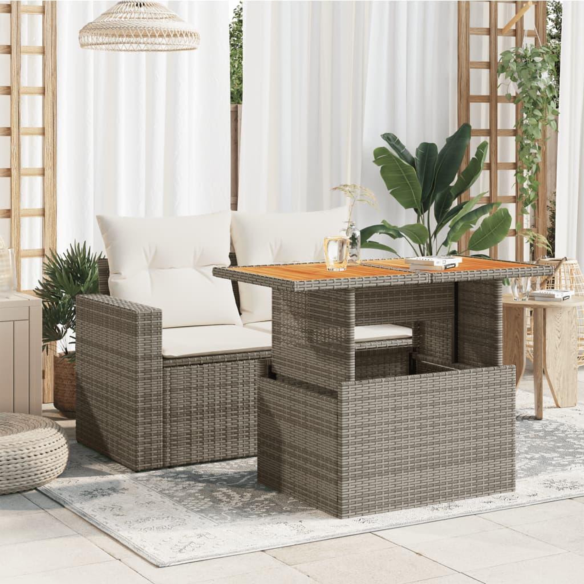 Voir la diapositive 3 : VIDAXL Table de jardin gris 100x55x73 cm resine tressee et bois acacia