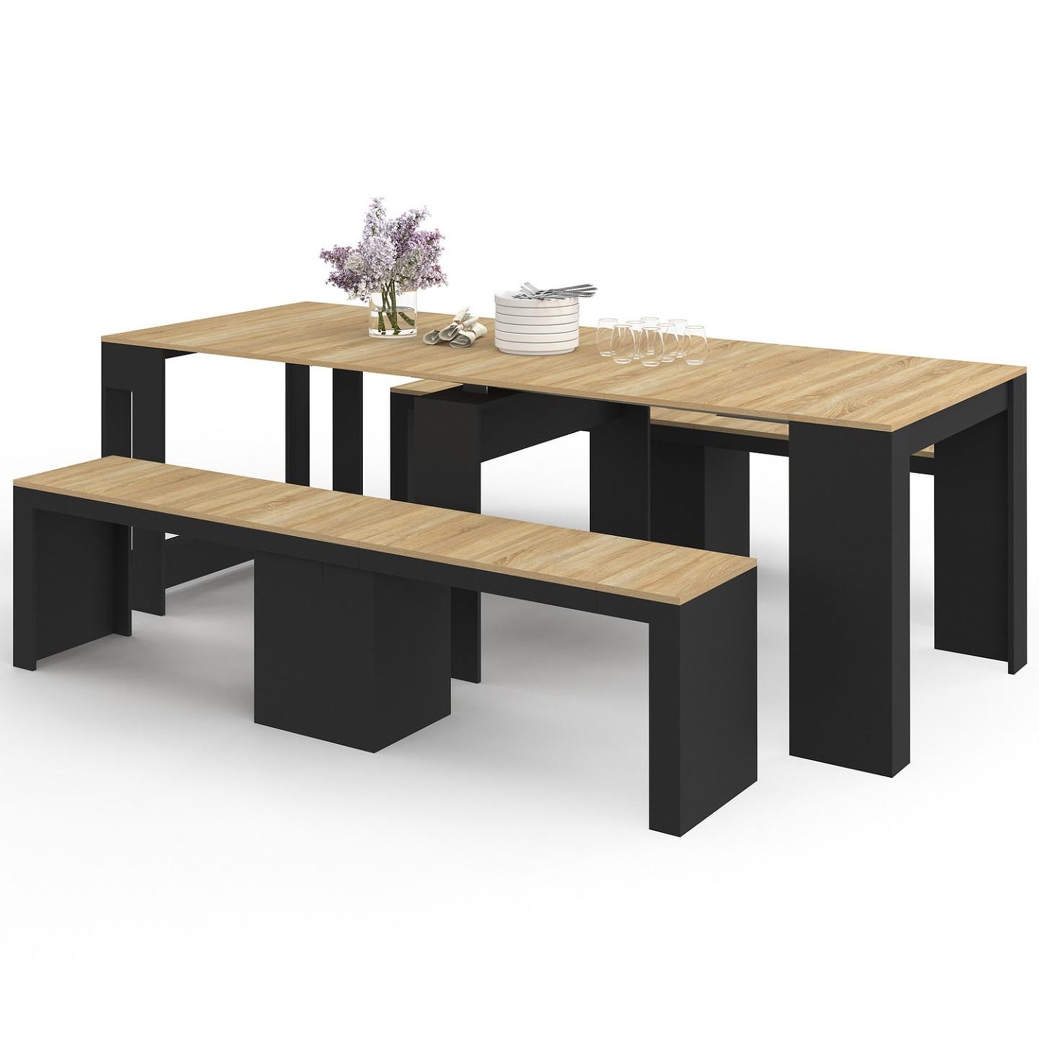 Voir la diapositive 3 : ID MARKET Ensemble table console avec bancs extensibles ORLANDO 10 personnes 235 cm bois noir et façon hêtre