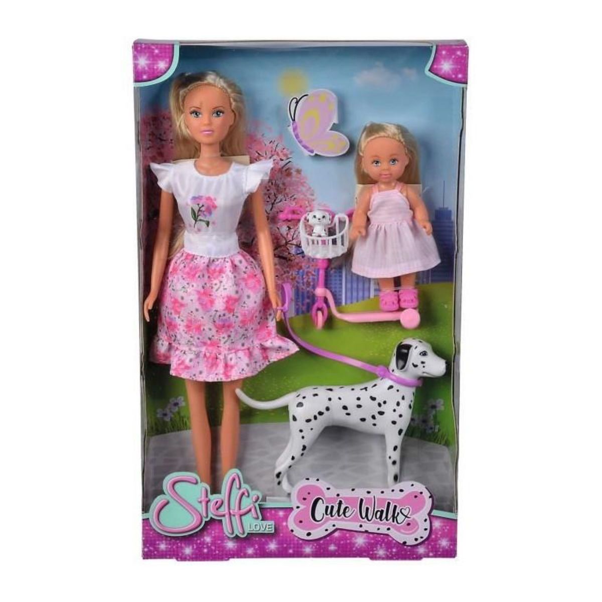 STEFFI LOVE Steffi Love poupée dalmatien + Evi Love - 2 poupées 29 et 12 cm - 2 Figurines Dalmatien - Trotinette Evi - Des 3 ans