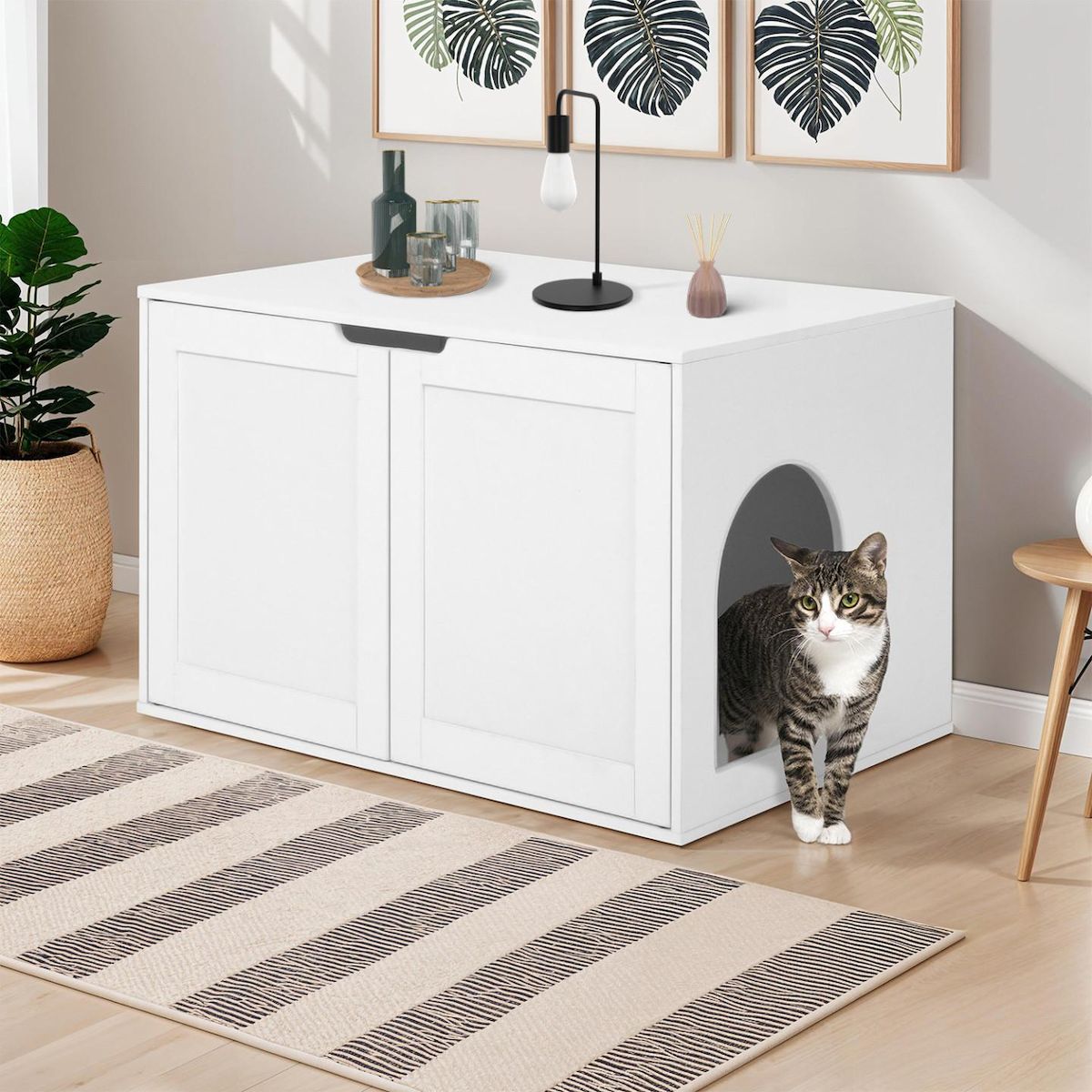 ID MARKET Maison de toilette chat - cache-litière avec doubles portes blanc