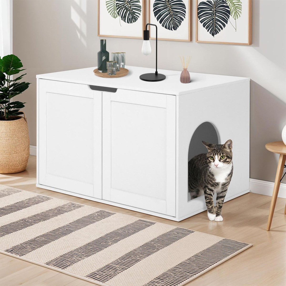 ID MARKET Maison de toilette chat - cache-litière avec doubles portes blanc