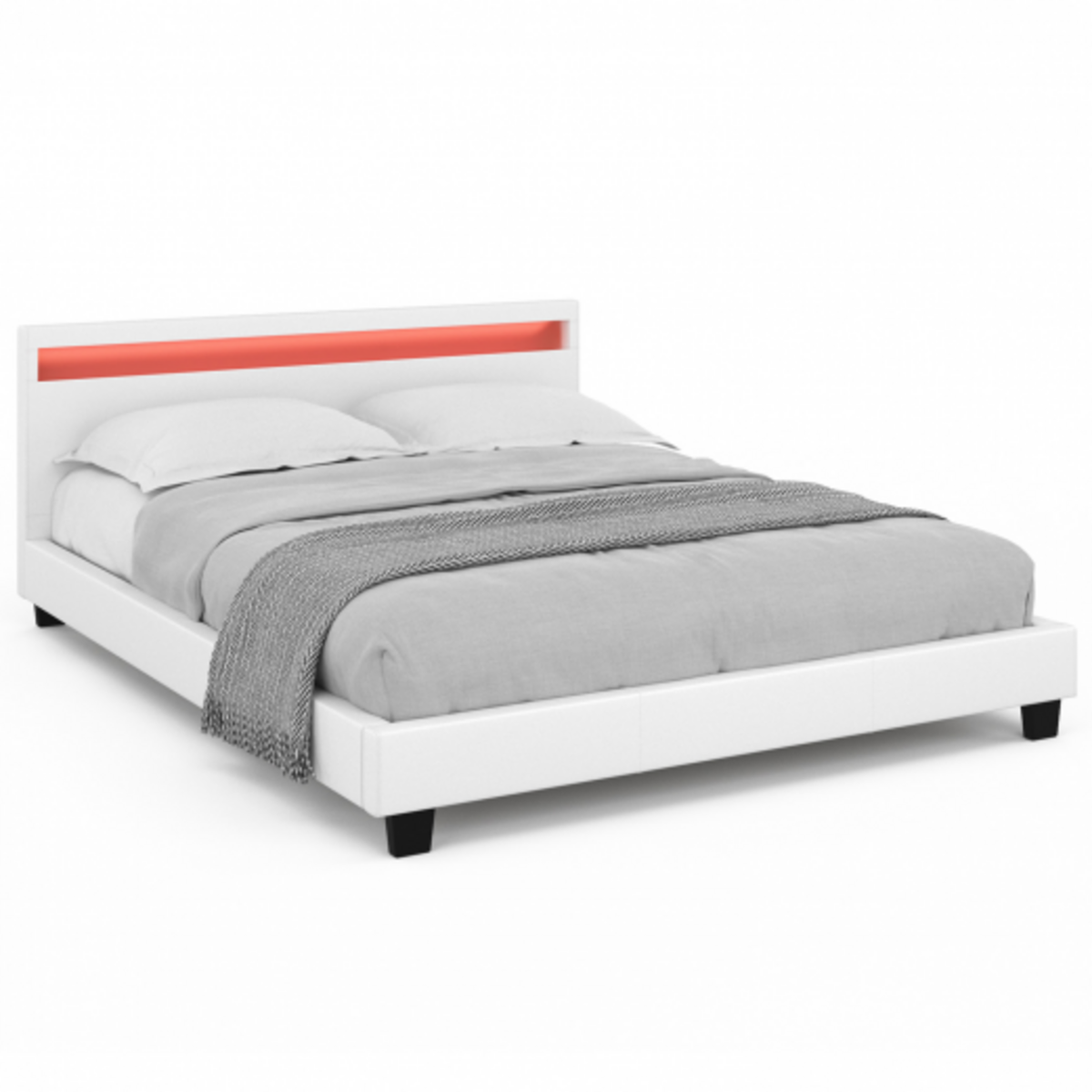 ID MARKET Lit double NEO avec tête de lit LED intégrées et sommier 160 x 200 cm PVC blanc