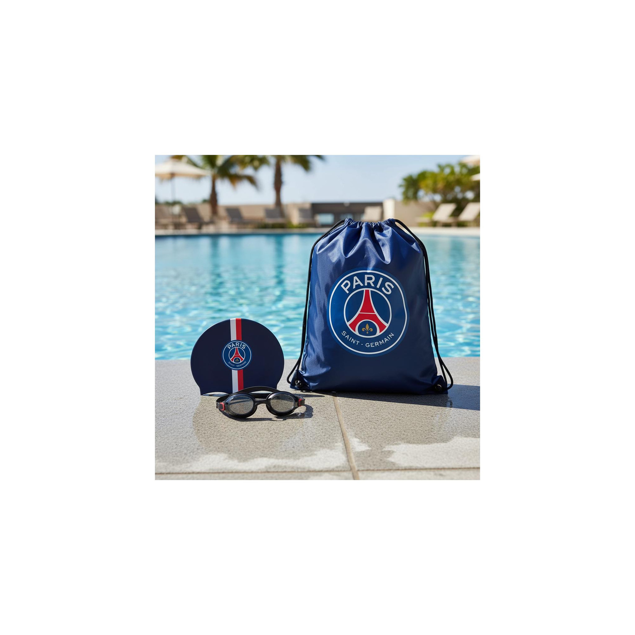 Voir la diapositive 4 : PSG Set d'accessoires de piscine - Paris Saint Germain - Bonnet + Lunettes + Sac