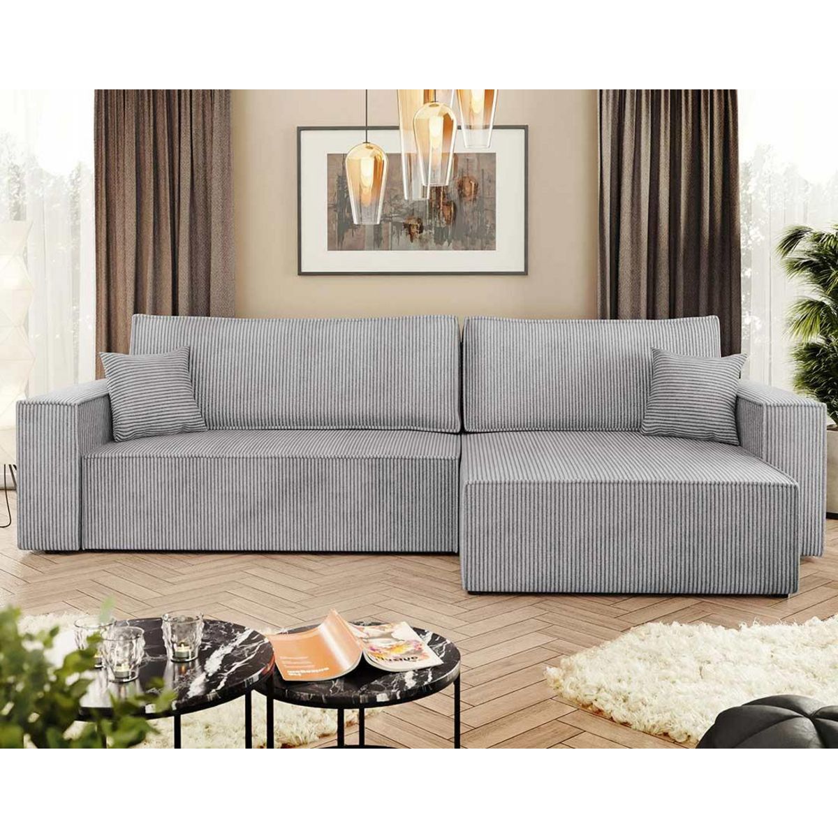 BEST MOBILIER Cezanne - canapé d'angle réversible 5 places convertible avec coffre en velours côtelé