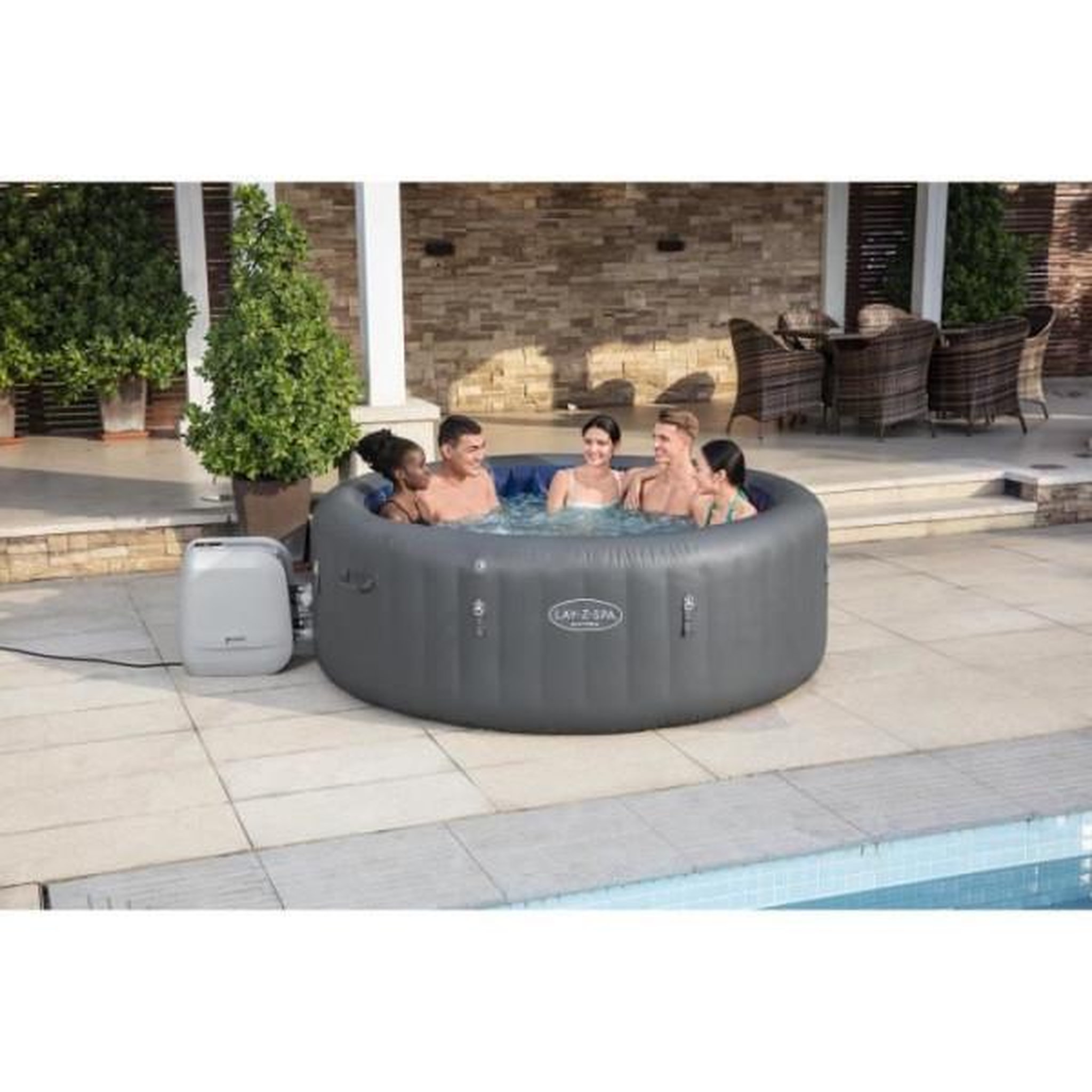 Voir la diapositive 3 : BESTWAY Spa gonflable BESTWAY - Lay-Z-Spa Santorini - 5 a 7 places -Rond (Livré avec 5 appuie-tete rembourrés + 2 LED a eau ColorJet)