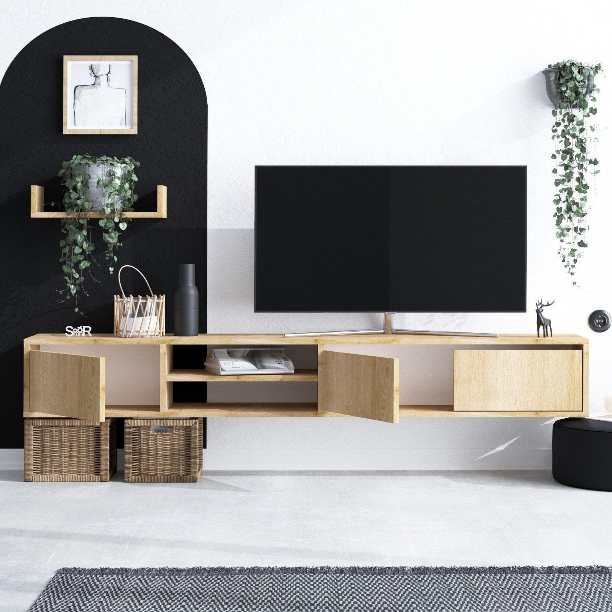 Voir la diapositive 3 : Habitat et Jardin Meuble tv suspendu avec étagère murale en bois  heka  - 180 x 30 x 25 cm - beige