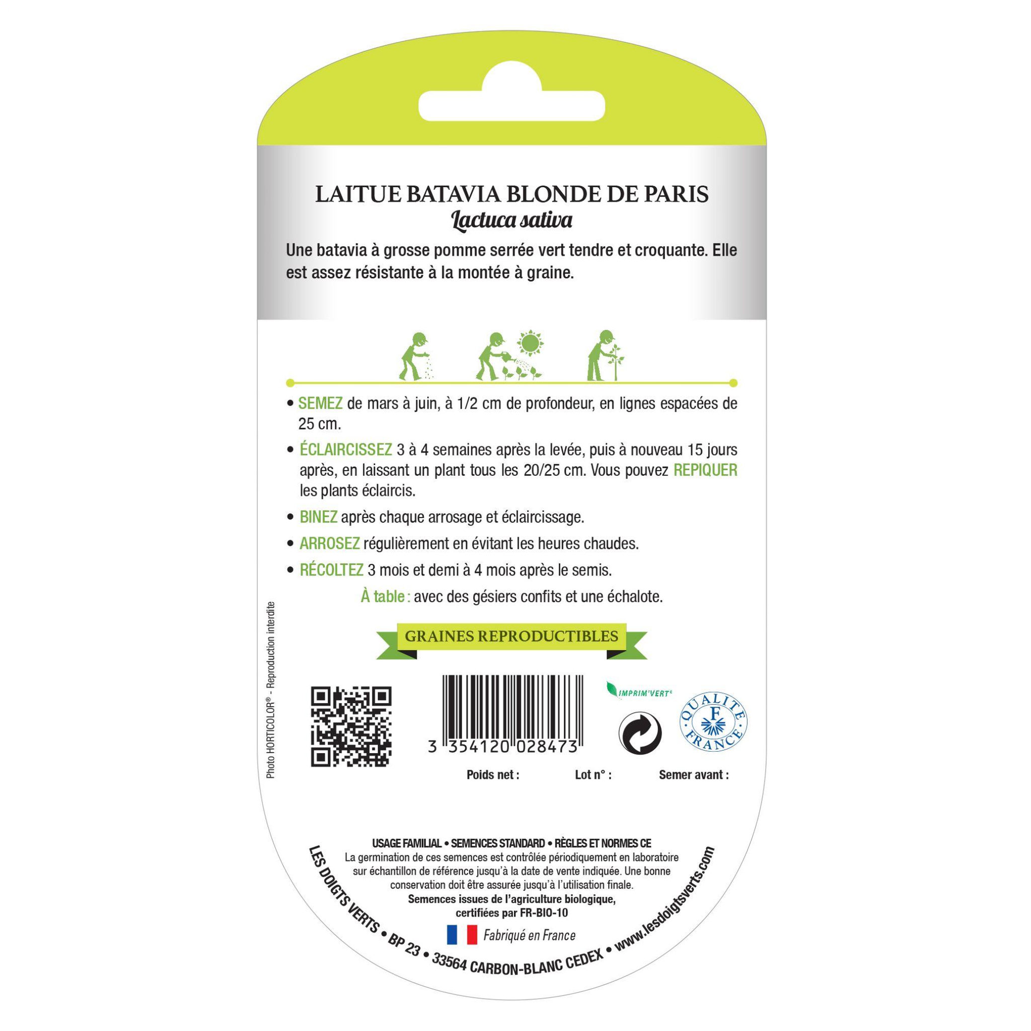 Voir la diapositive 2 : LES DOIGTS VERTS Graines Laitue batavia blonde de Paris BIO Les Doigts Verts