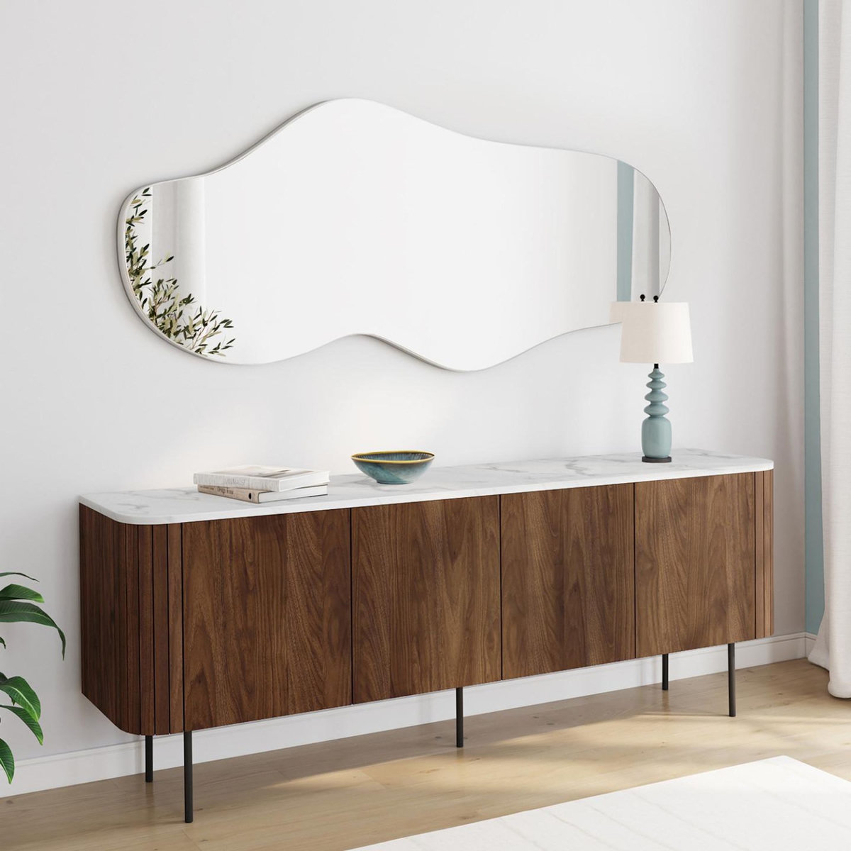 ID MARKET Buffet bas 160 cm MARLA 4 portes effet noyer et lattes et plateau marbre blanc ALASKA