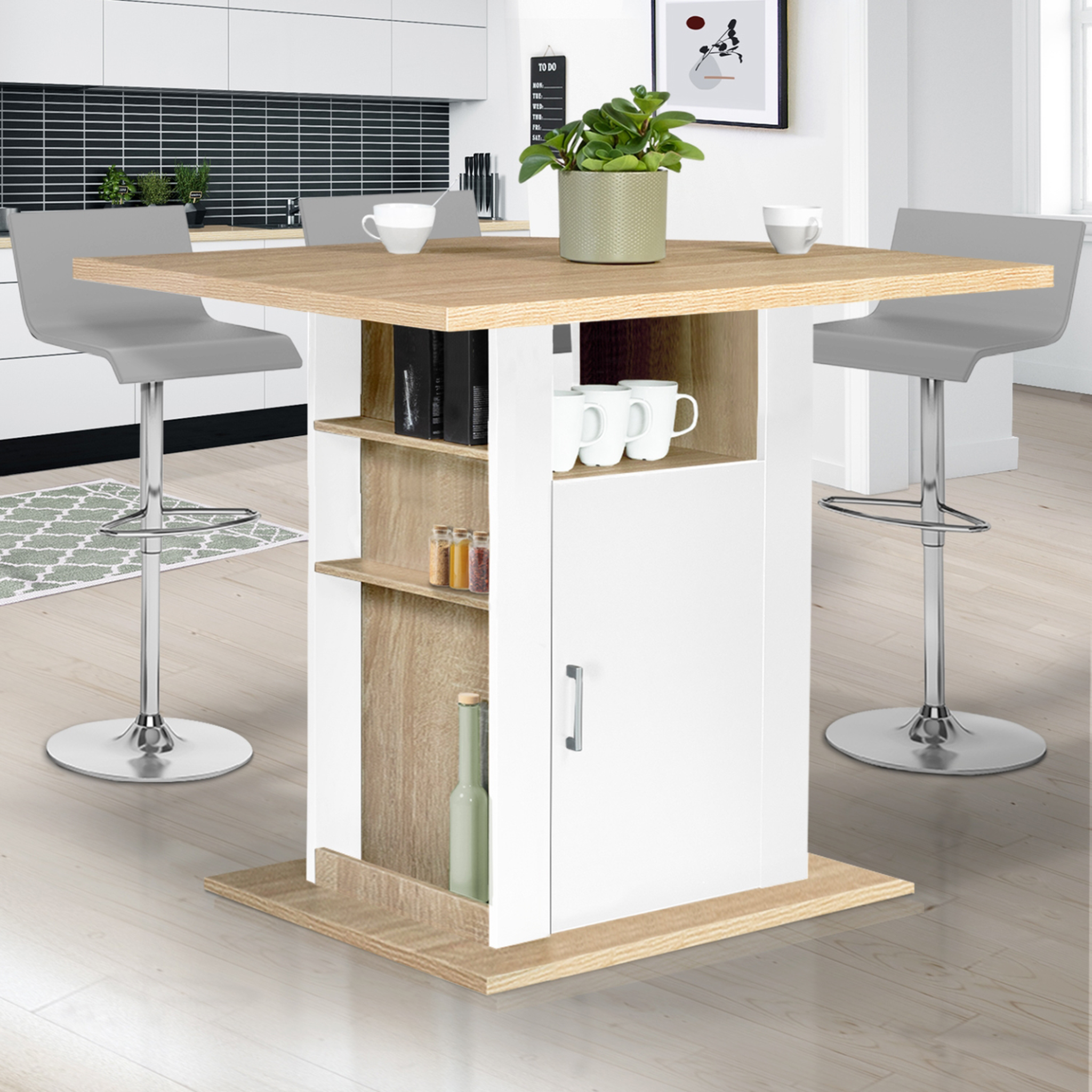 Voir la diapositive 2 : ID MARKET Ilot central ugo 110 cm bois blanc et imitation hêtre avec rangements
