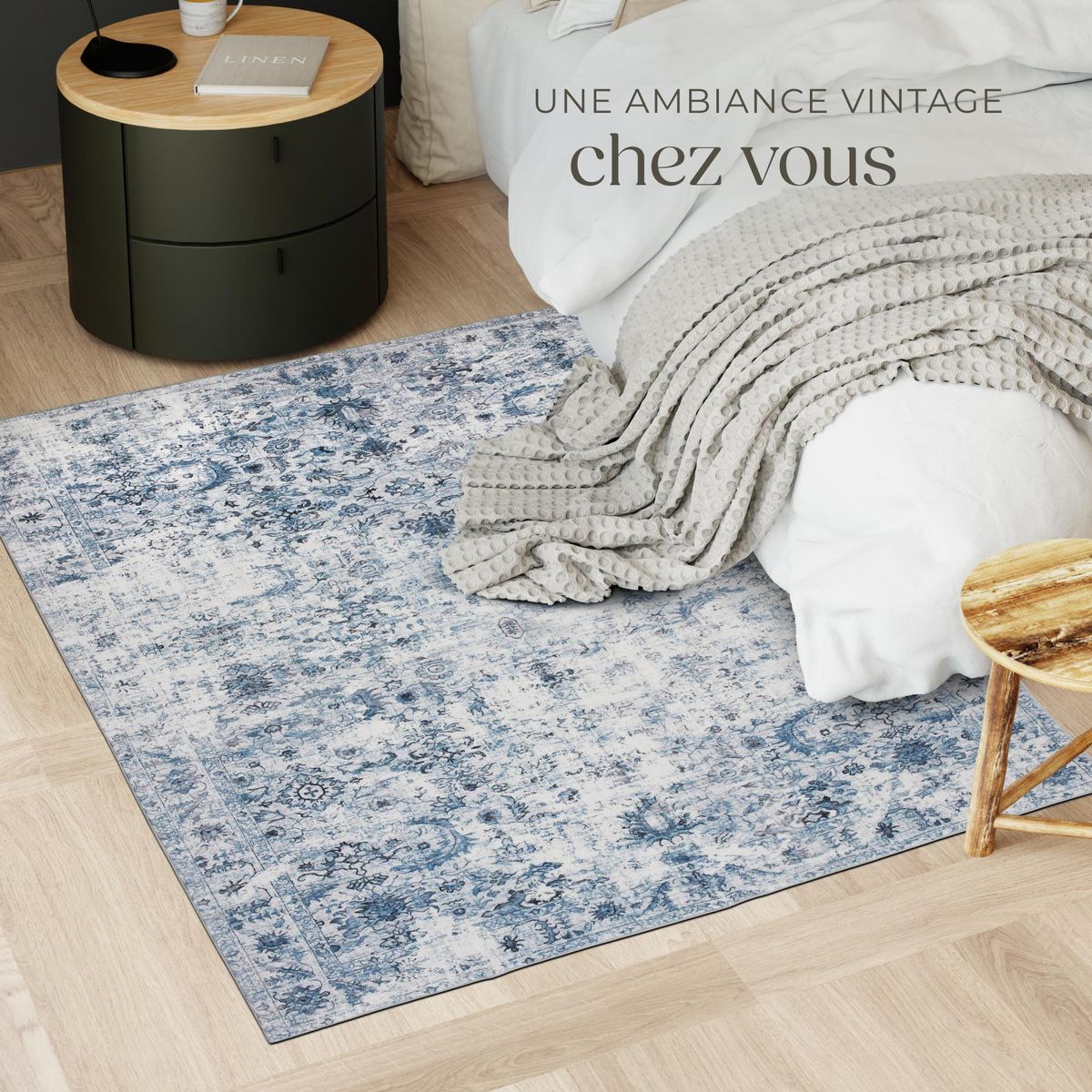 tectake Tapis vintage design à poils courts en laine synthétique et feutre bleu 120 x 170 cm