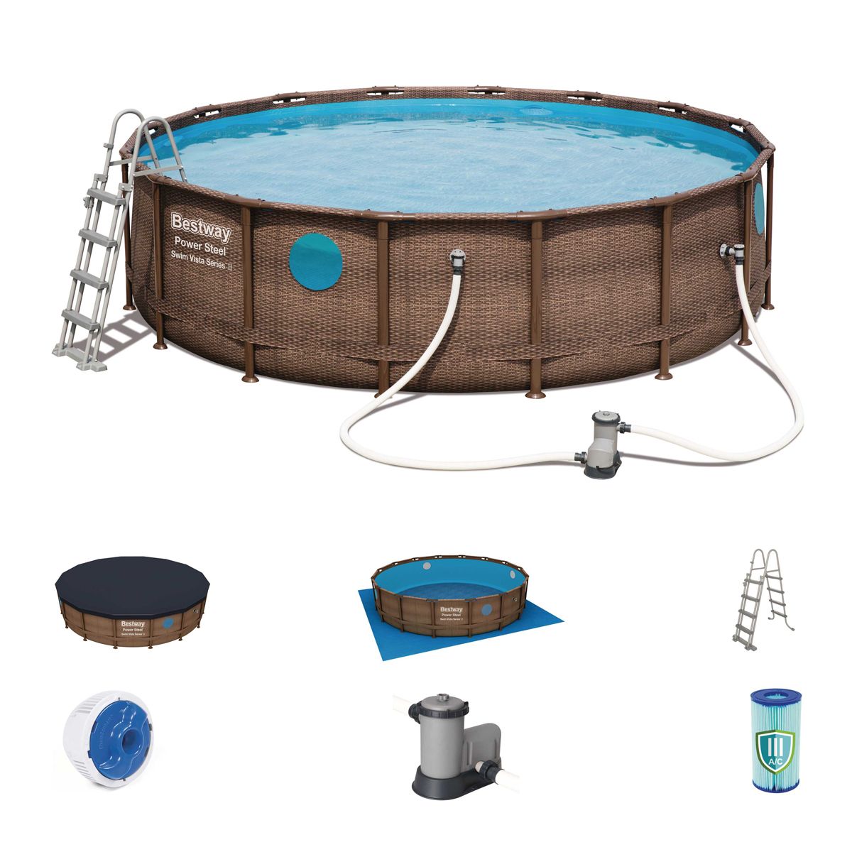 BESTWAY Piscine ronde vista 4,88 x 1,22 m -imitation tressée avec hublot