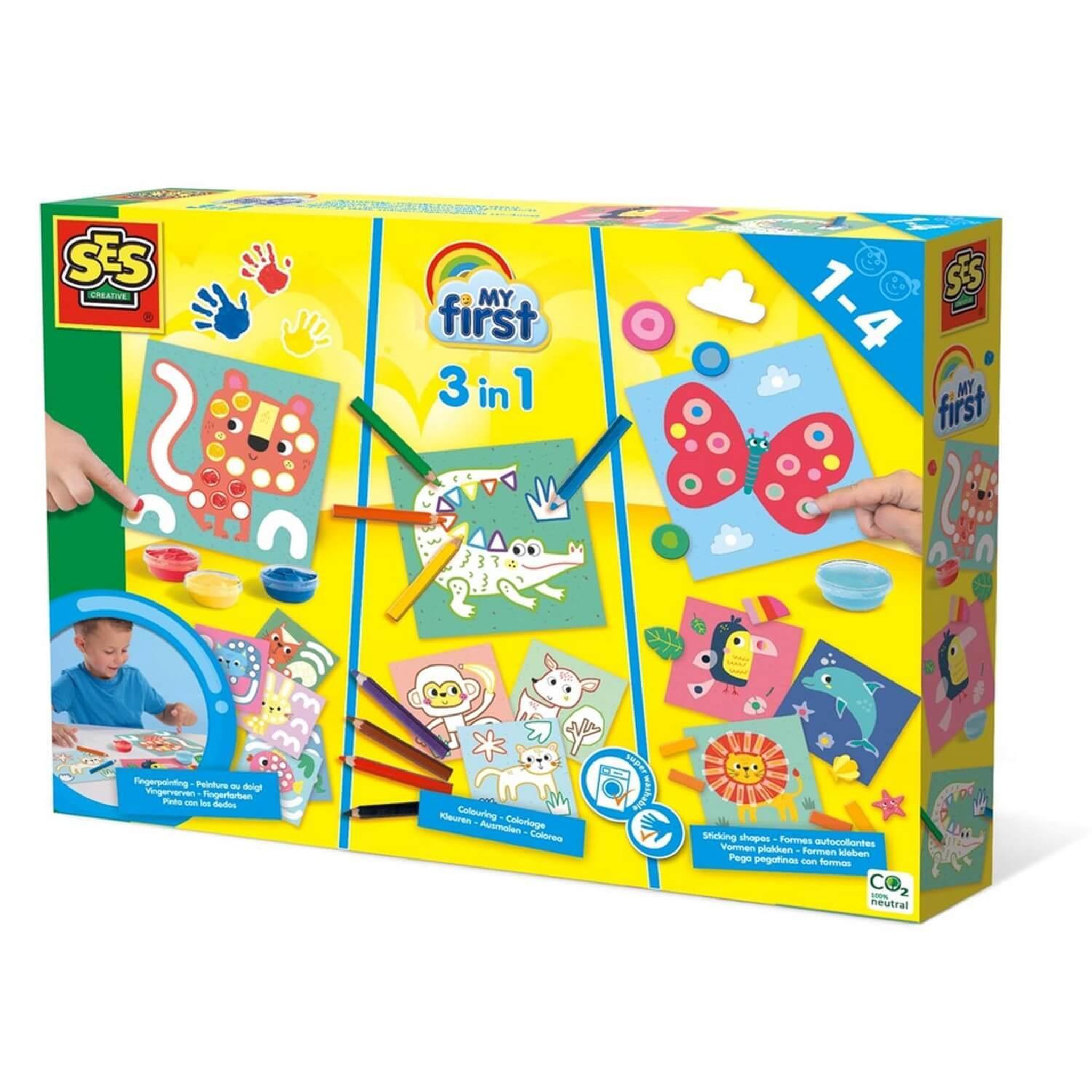 SES Creative My first : 3 en 1 : Peinture au doigt, coloriage et formes autocollantes