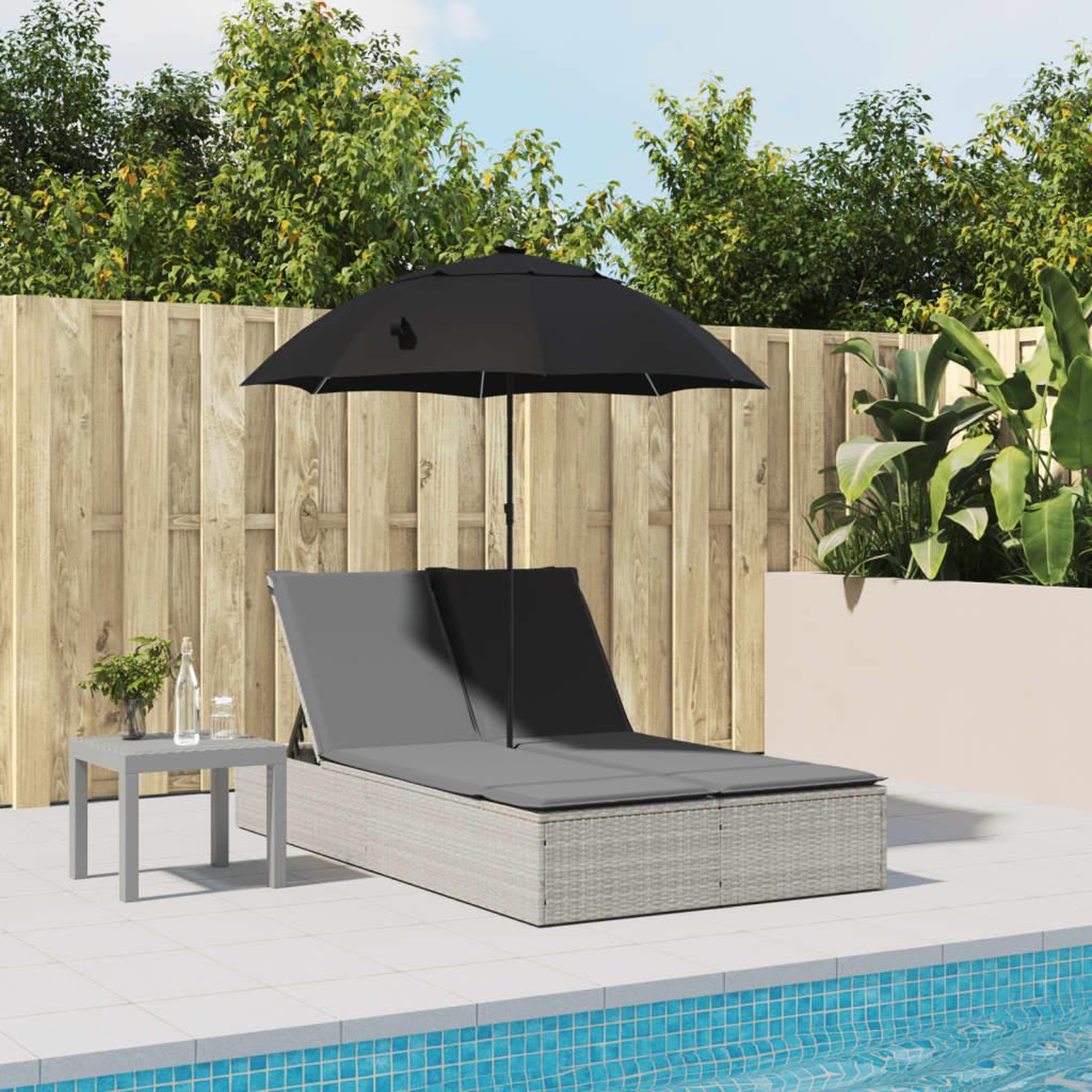 Voir la diapositive 3 : VIDAXL Chaise longue double avec coussins et parasol gris clair rotin