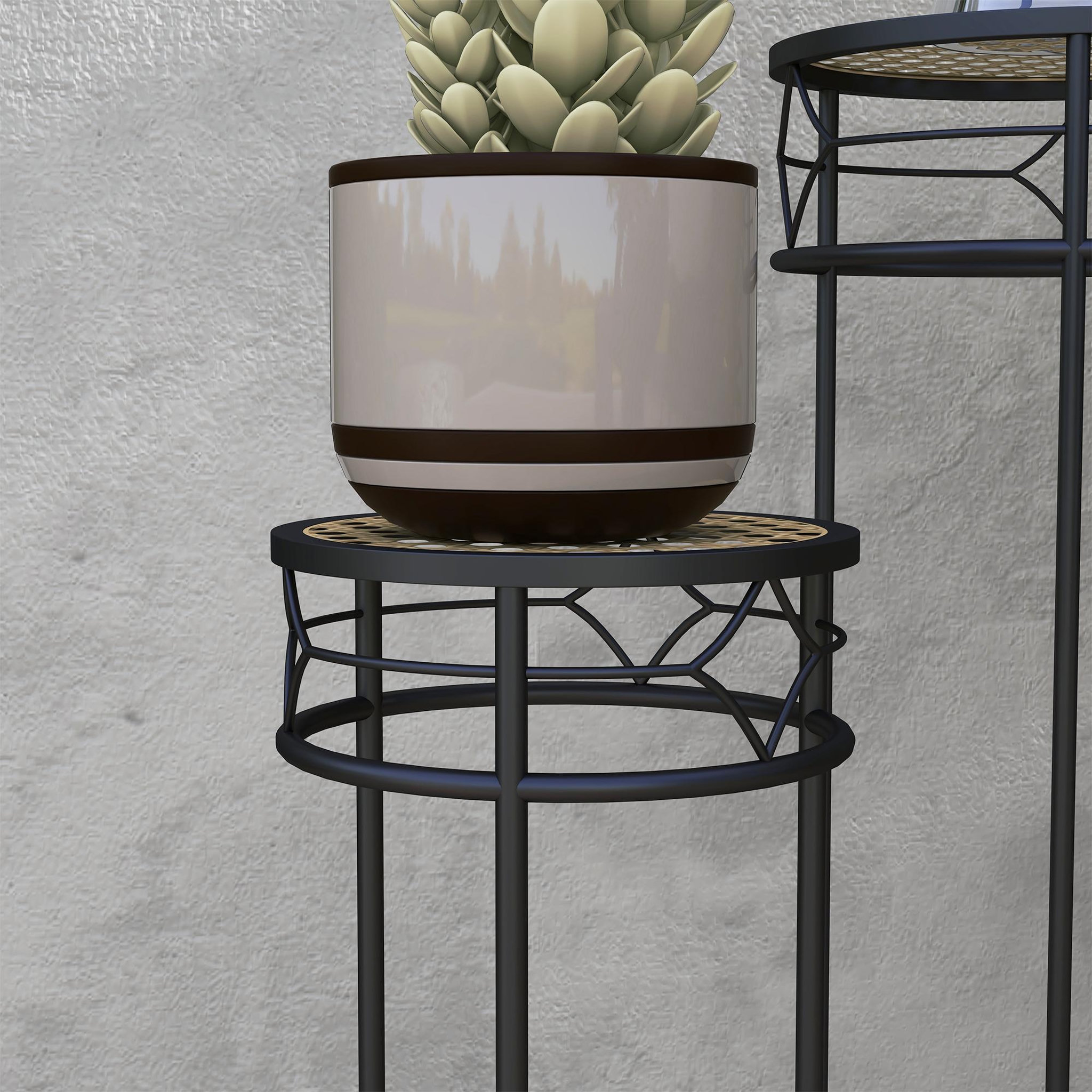 Voir la diapositive 5 : OUTSUNNY Lot de 3 supports pot de fleurs plateaux aspect rotin métal doré noir