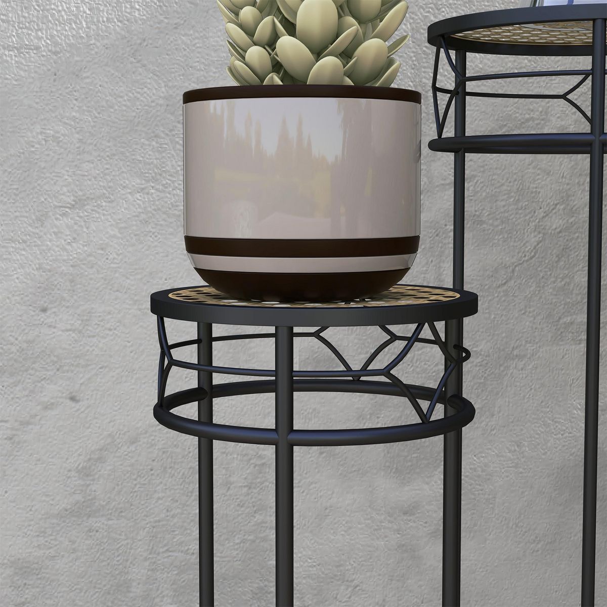 OUTSUNNY Lot de 3 supports pot de fleurs plateaux aspect rotin métal doré noir