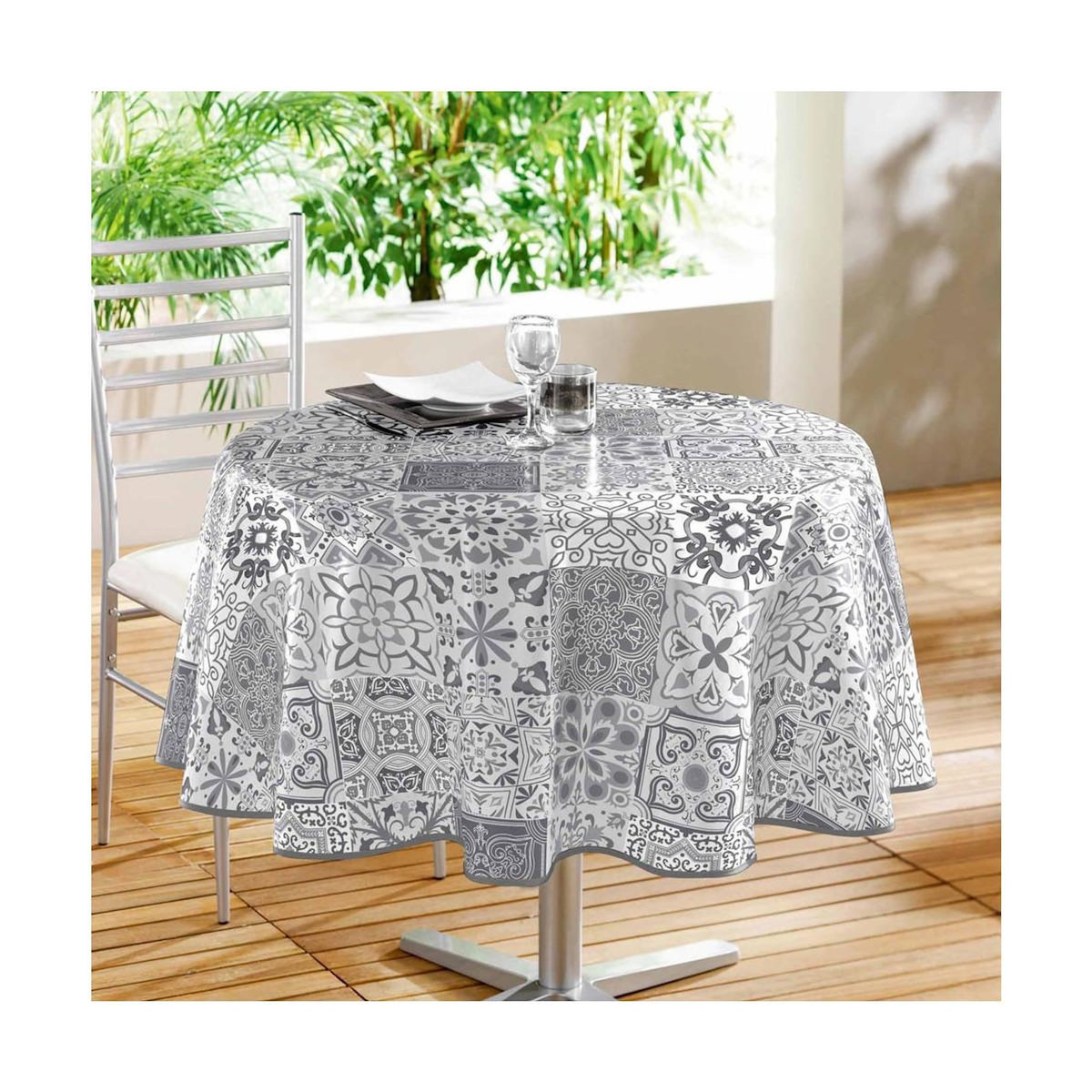 Paris Prix Nappe Ronde Toile Cirée  Persane  160cm Gris