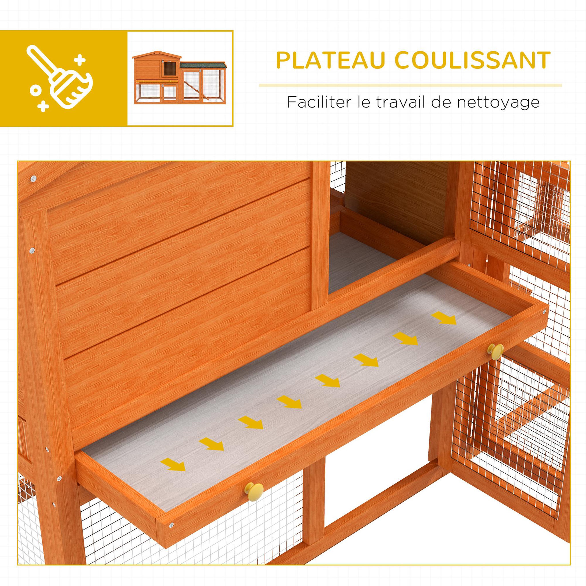 Voir la diapositive 6 : PAWHUT Clapier cage à lapins rongeurs 2 niveaux 3 portes verrouillables tiroir à déjection 145l x 45l x 85h cm bois sapin lasuré