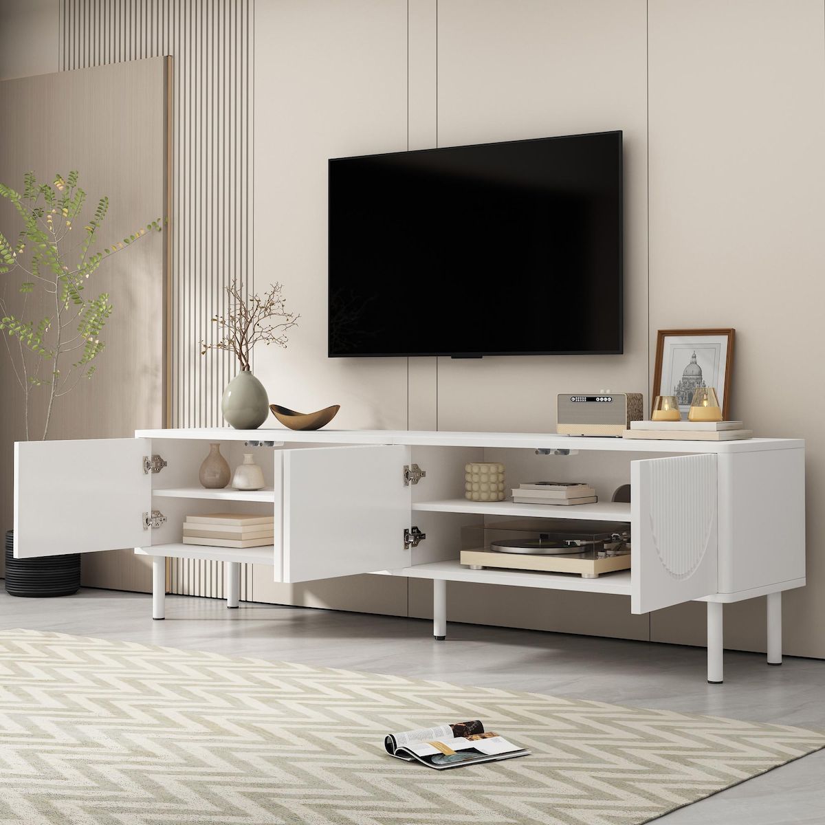 MERAX Meuble tv blanc 180cm mdf et panneau de particules