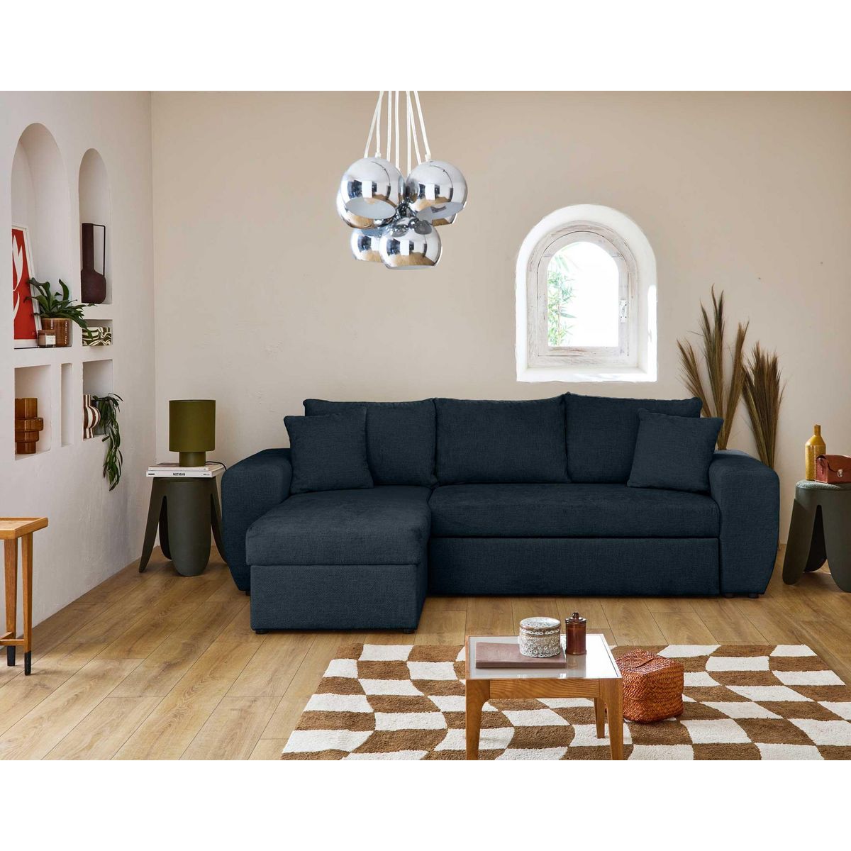 BEST MOBILIER Milan - canapé d'angle réversible 4 places - convertible avec coffre - en velours texturé