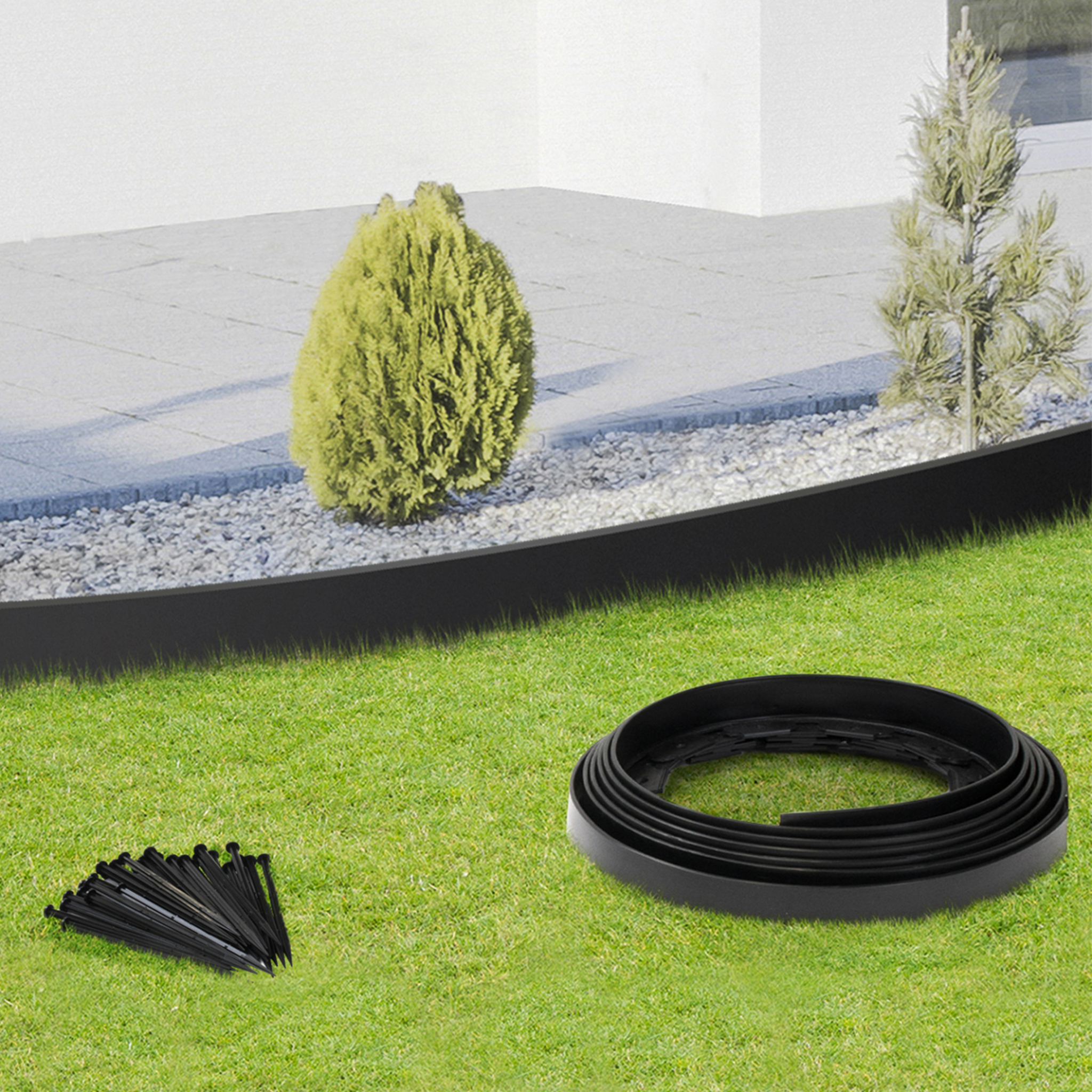 Voir la diapositive 6 : ID MARKET Bordurette de jardin flexible 8 M noire hauteur 12 cm + 24 piquets