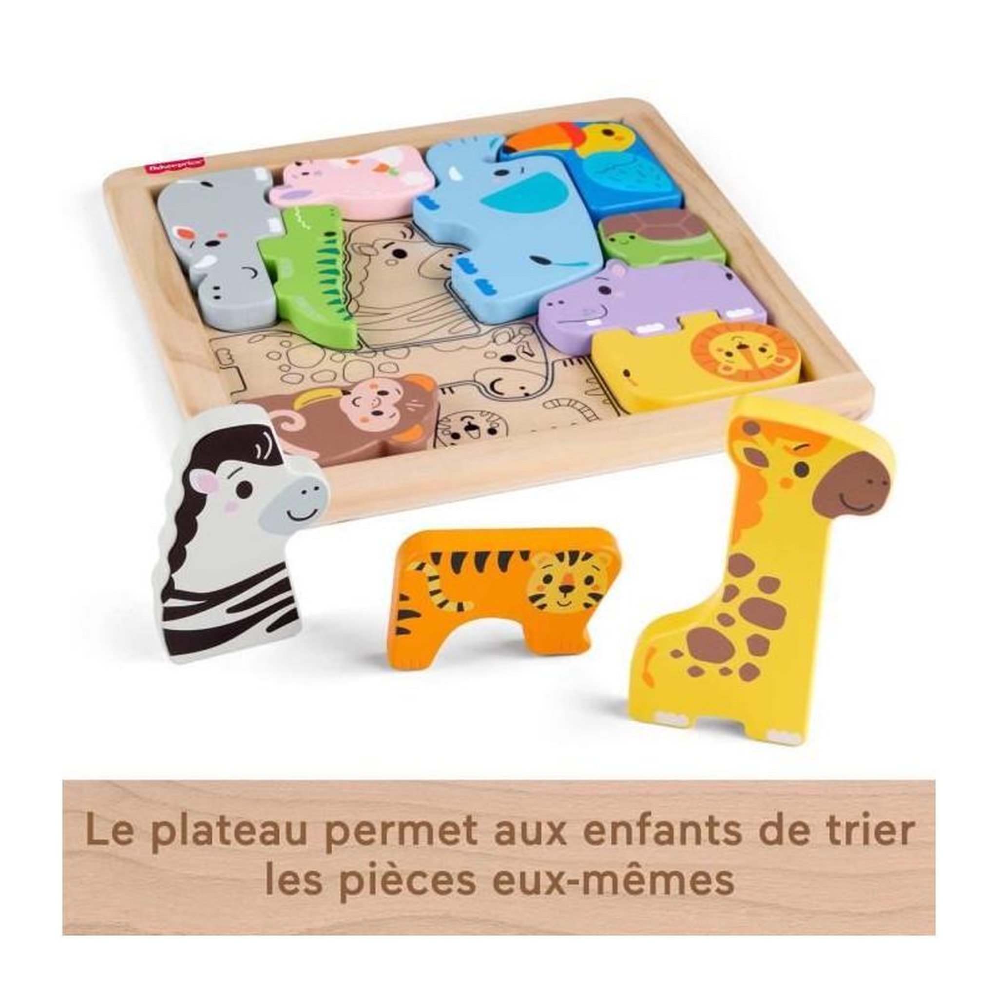 FISHER PRICE Jeu éducatif en bois Animaux – Tri de formes 13 pièces – Apprentissage des couleurs et formes – Dès 1 an – Fisher-Price