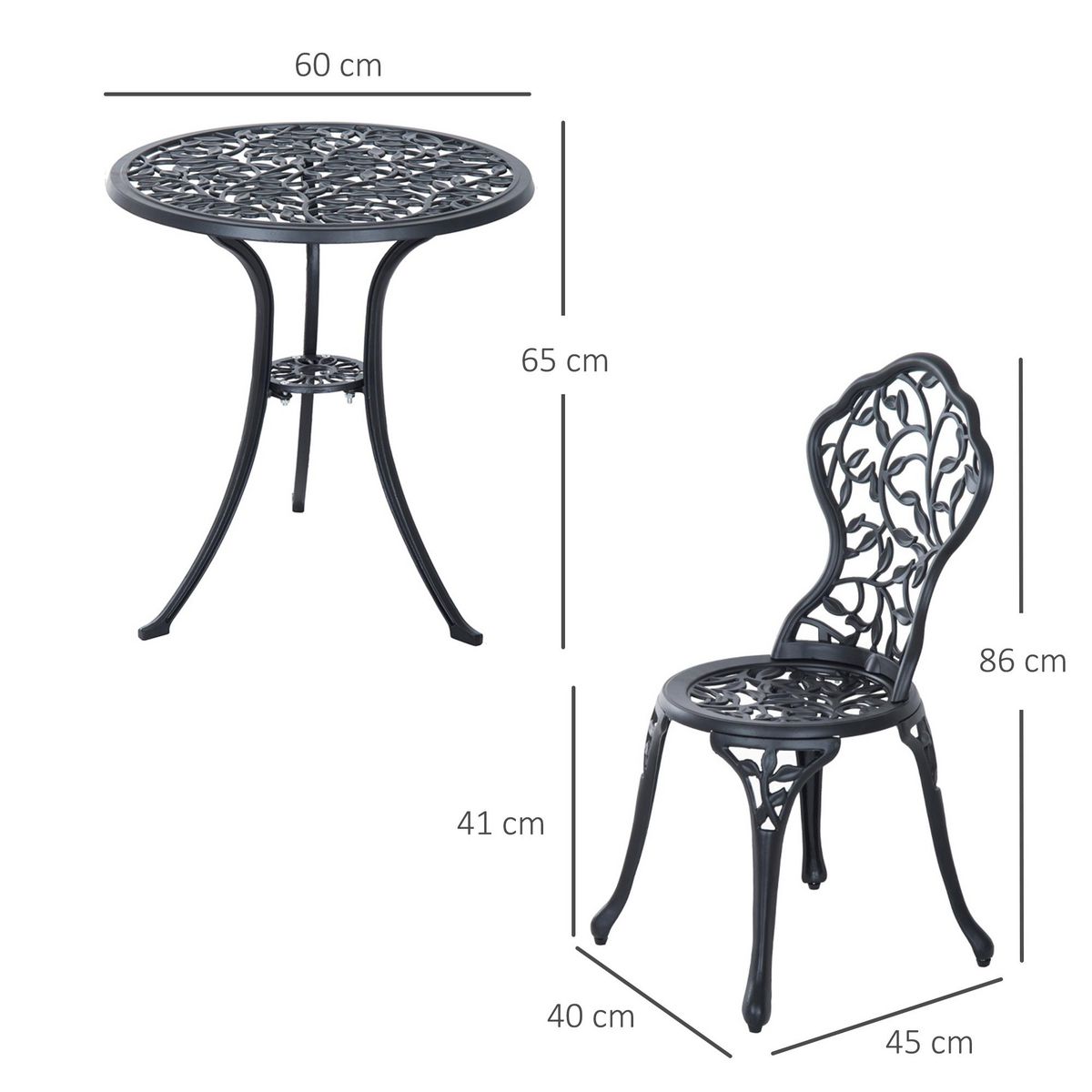 OUTSUNNY Ensemble salon de jardin 2 places avec table ronde style rétro fonte alu noir