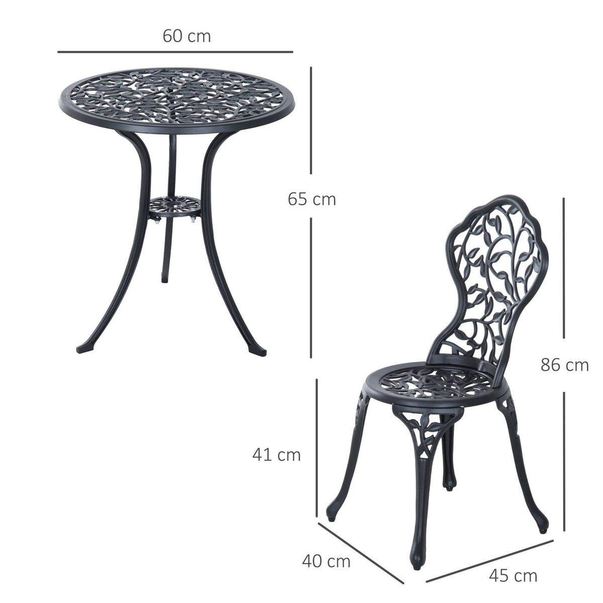 OUTSUNNY Ensemble salon de jardin 2 places avec table ronde style rétro fonte alu noir
