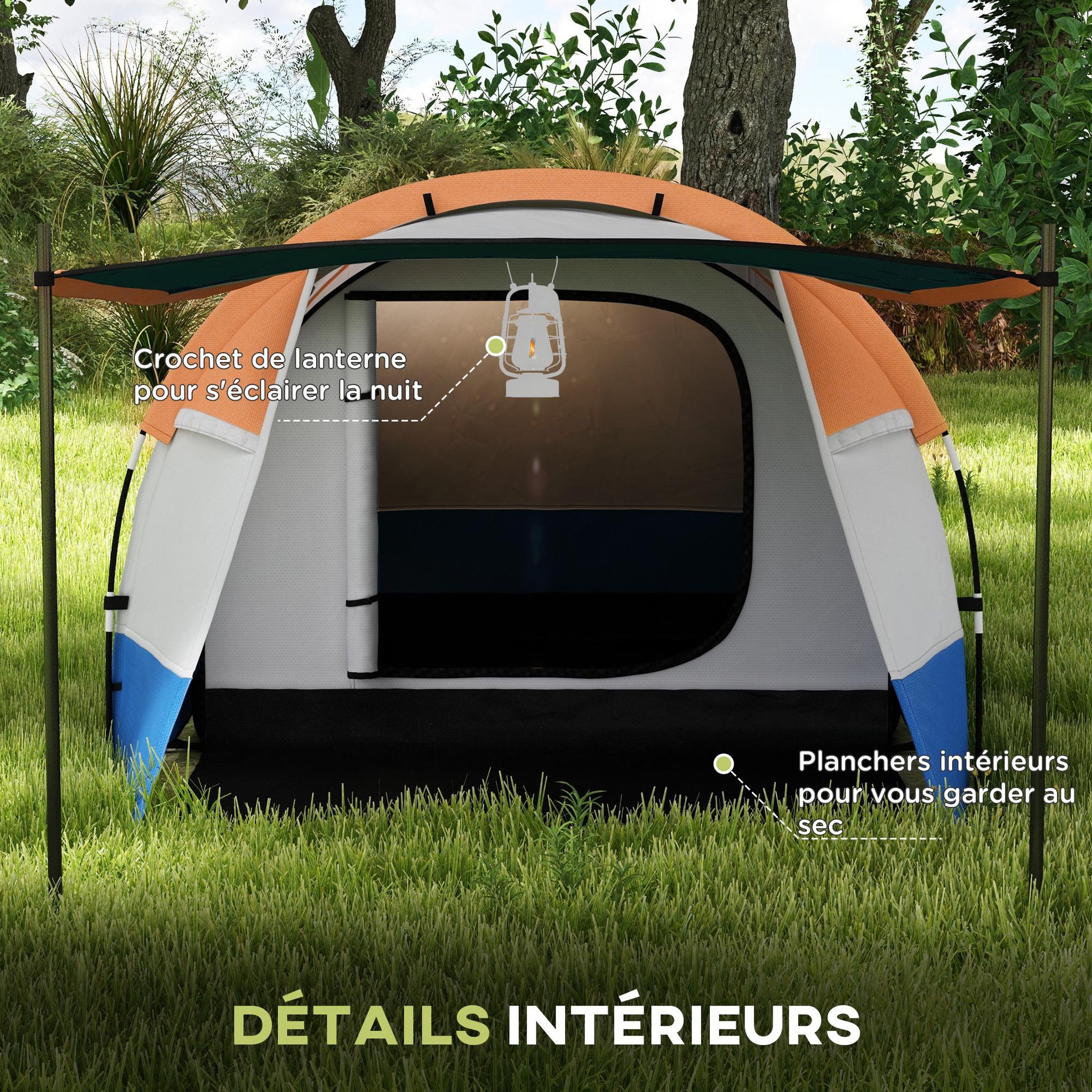 Voir la diapositive 6 : OUTSUNNY Tente de camping 2-3 pers. Porche étanche 2000 mm 3 portes sac de transport orange