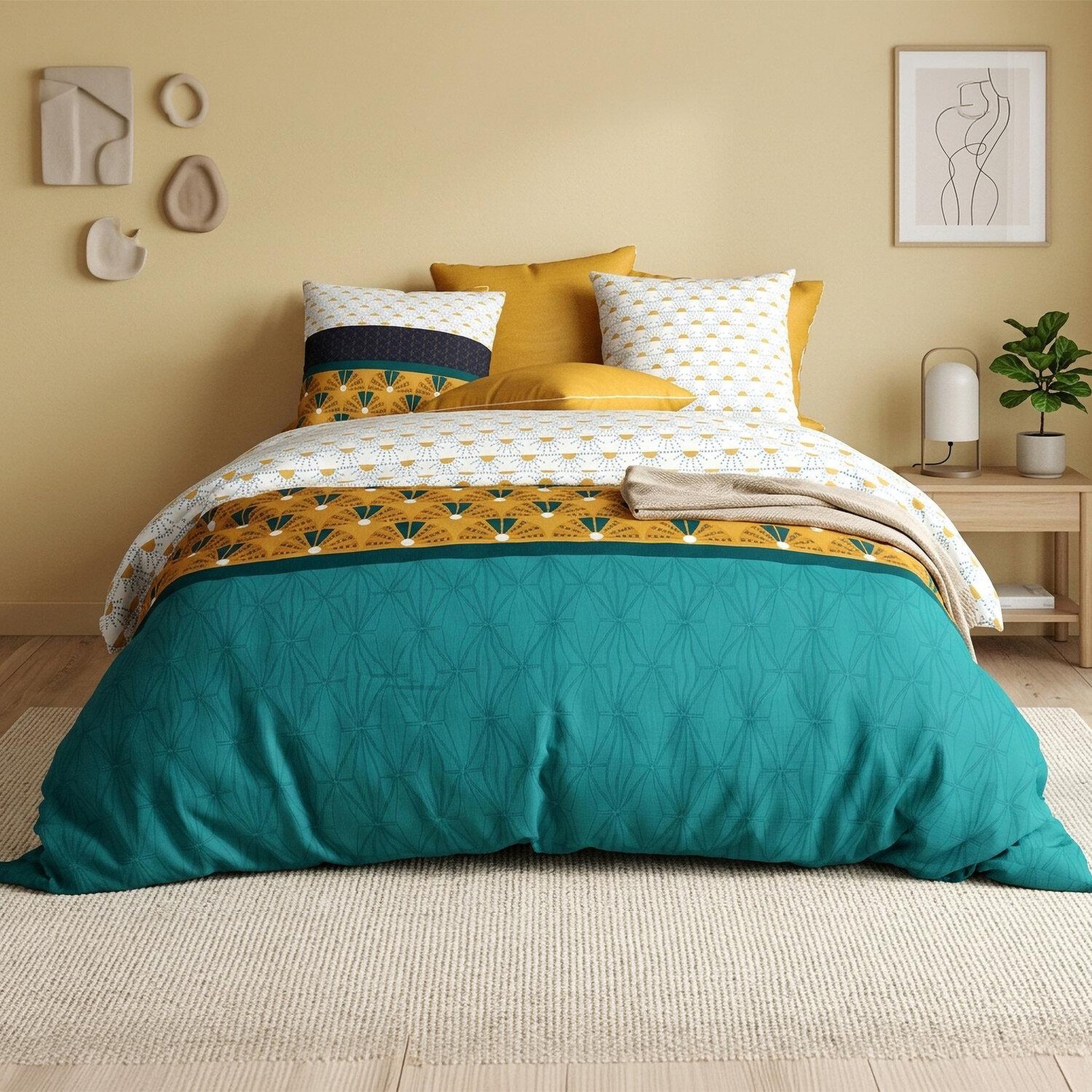 ATELIER DU COTON Parure housse de couette 100% coton 57fils , madra. Coloris disponibles : Jaune