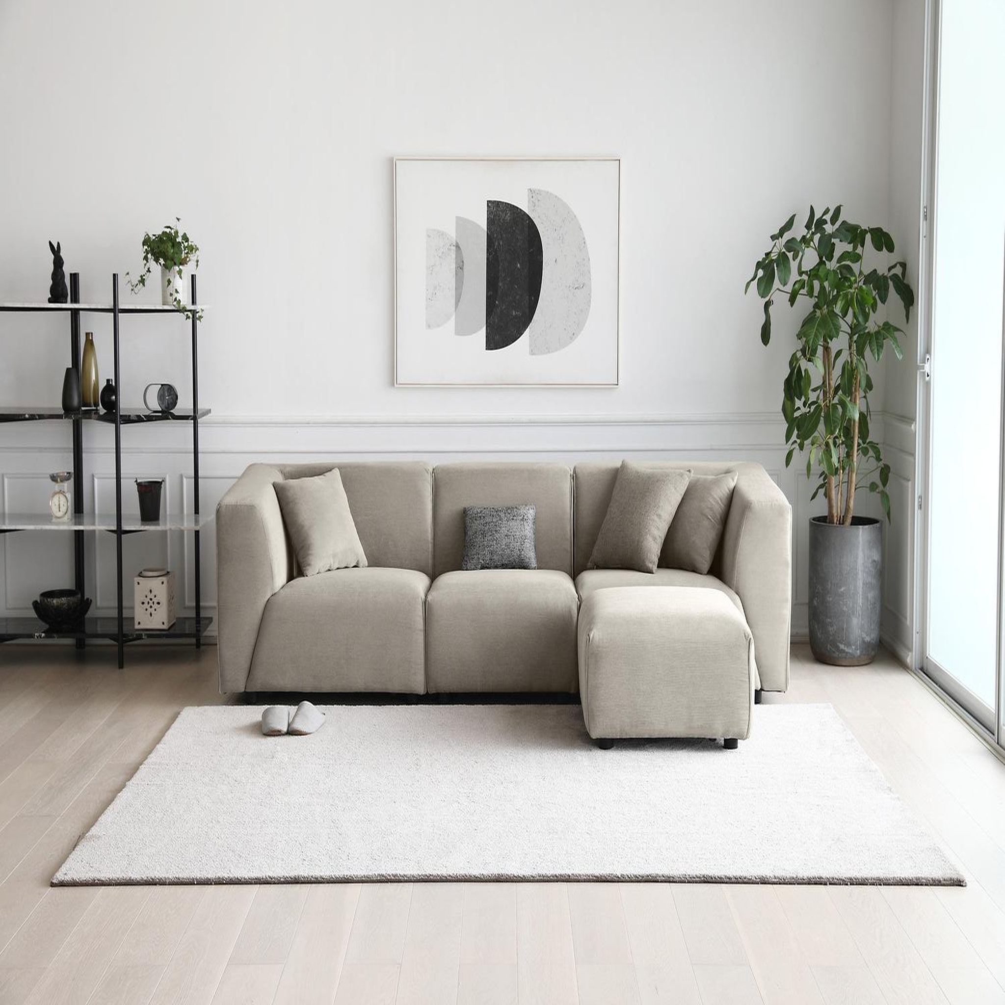 Voir la diapositive 2 : CONCEPT USINE Canapé 3 places + 1 pouf velours côtelé modulable gris clair monroe