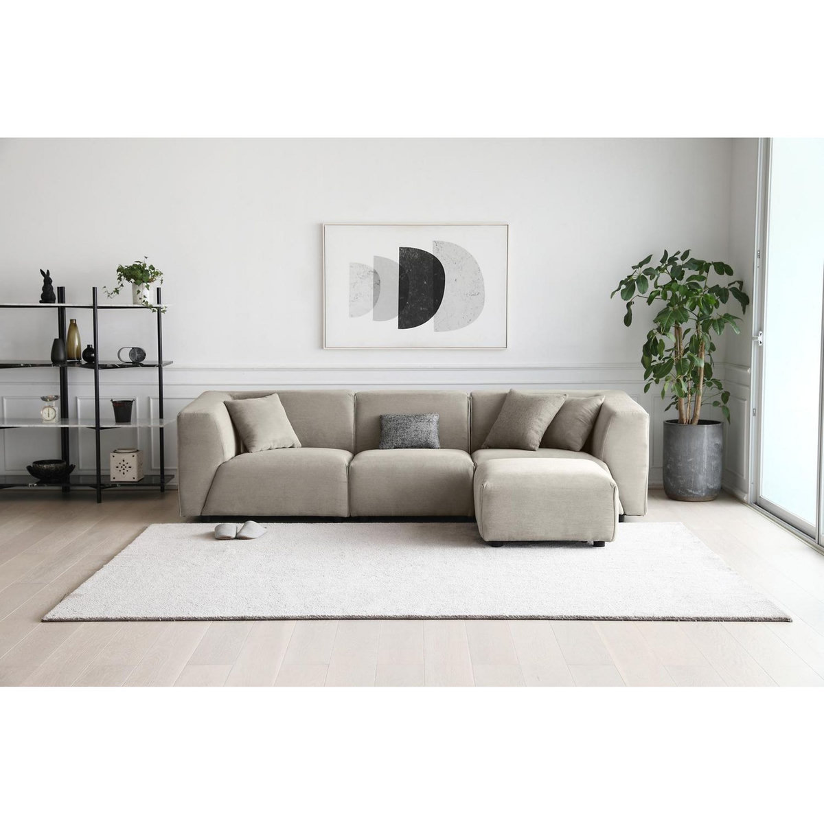 CONCEPT USINE Canapé modulable 3 places + 1 pouf velours côtelé gris clair MONROE