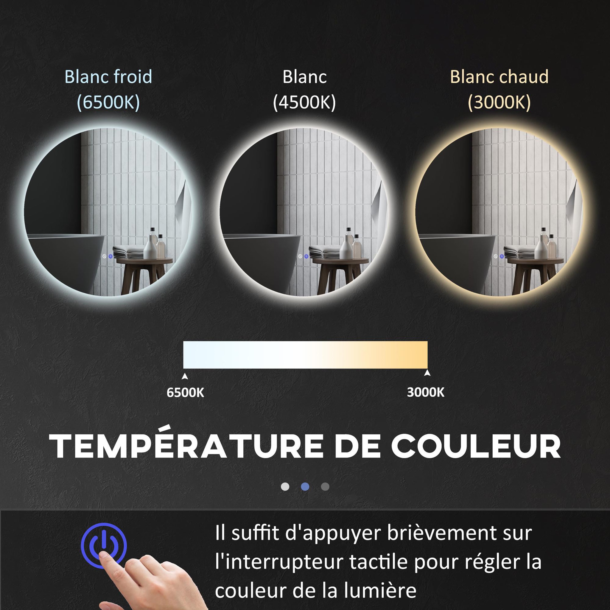Voir la diapositive 6 : KLEANKIN Miroir rond lumineux led de salle de bain 60 cm avec éclairage interrupteur tactile système antibuée miroir mural led à luminosité réglable 29 w gris