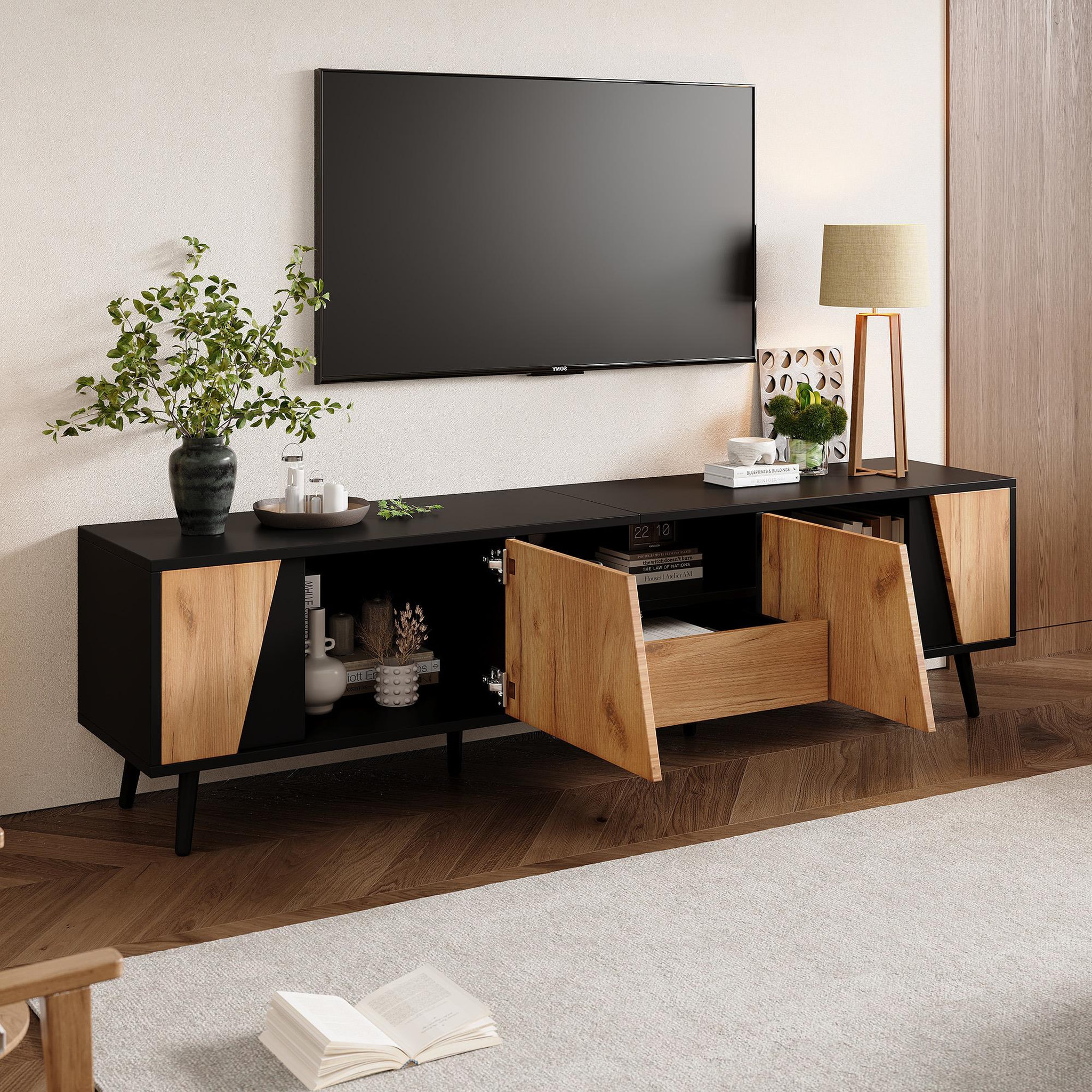 Voir la diapositive 5 : MERAX Meuble tv noir+naturel 180cm panneau de particules
