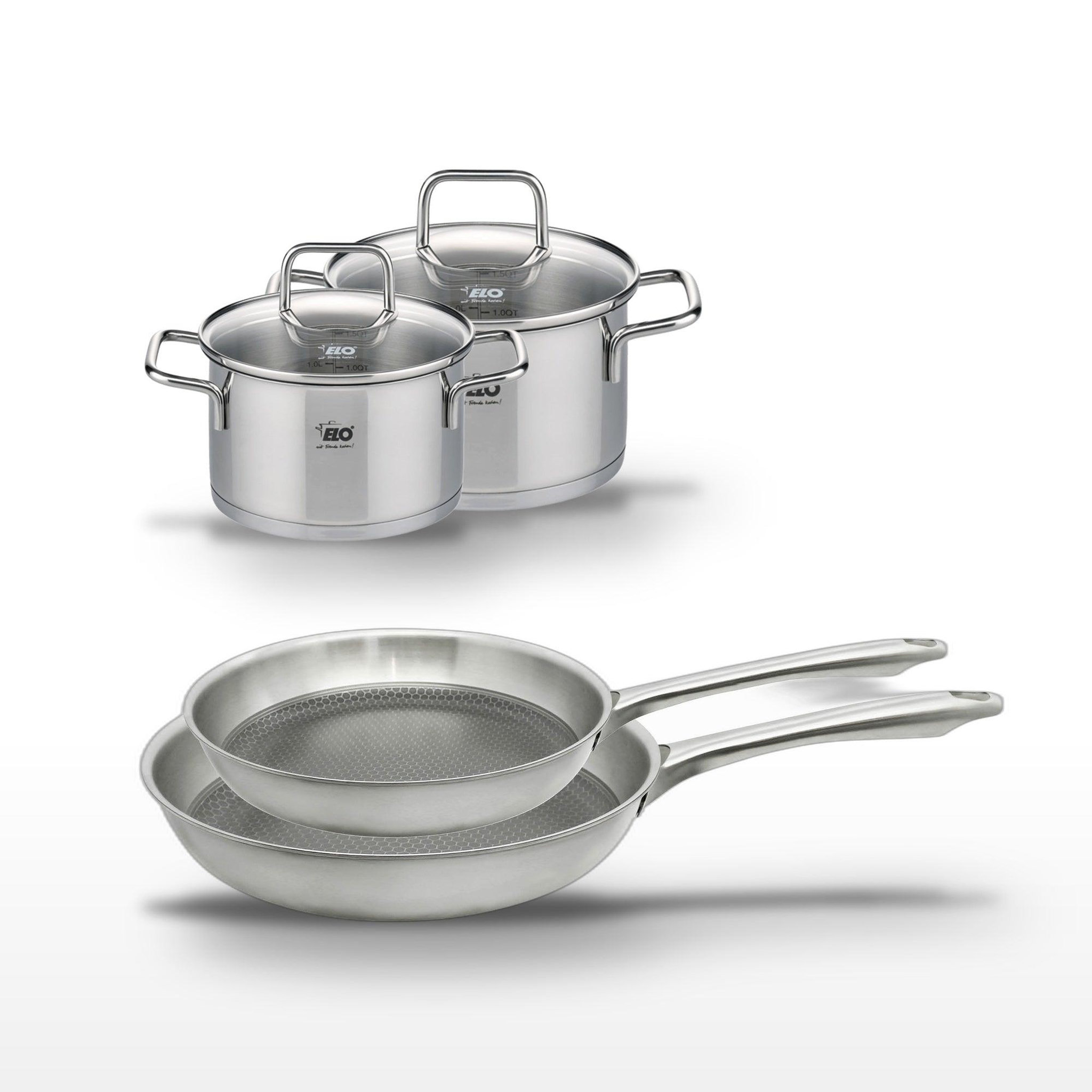 ELO Lot de 2 poêles 24/28 cm et 2 faitouts 14/16 cm elo relief passion