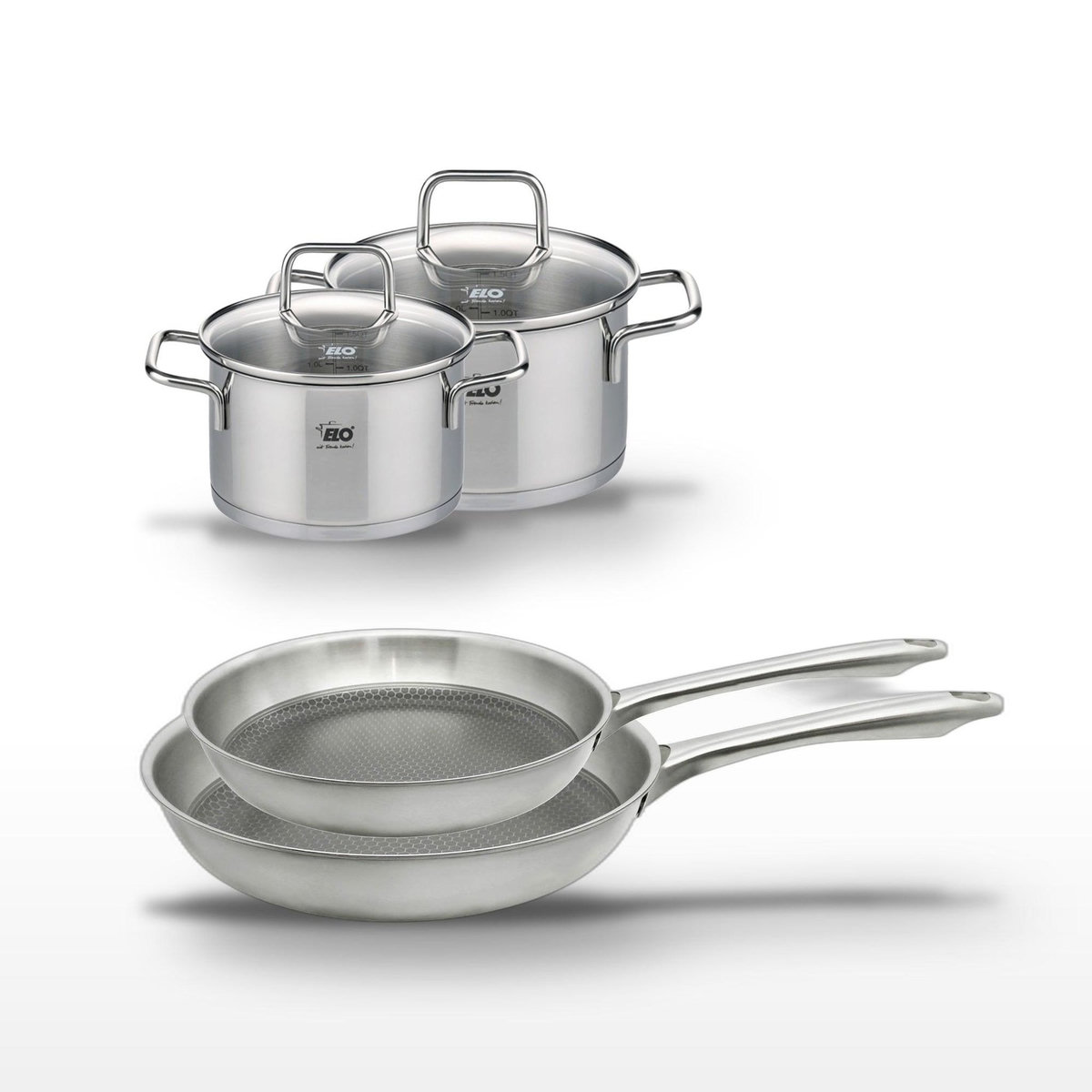 ELO Lot de 2 poêles 24/28 cm et 2 faitouts 14/16 cm Elo Relief Passion