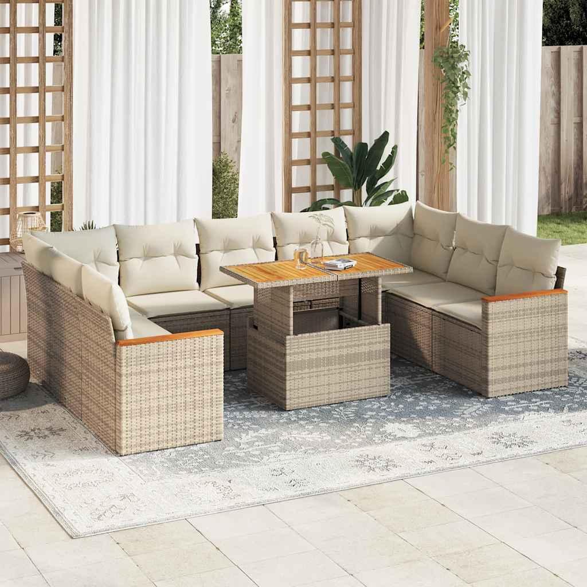 VIDAXL Salon de jardin avec coussins 10pcs beige resine tressee acacia