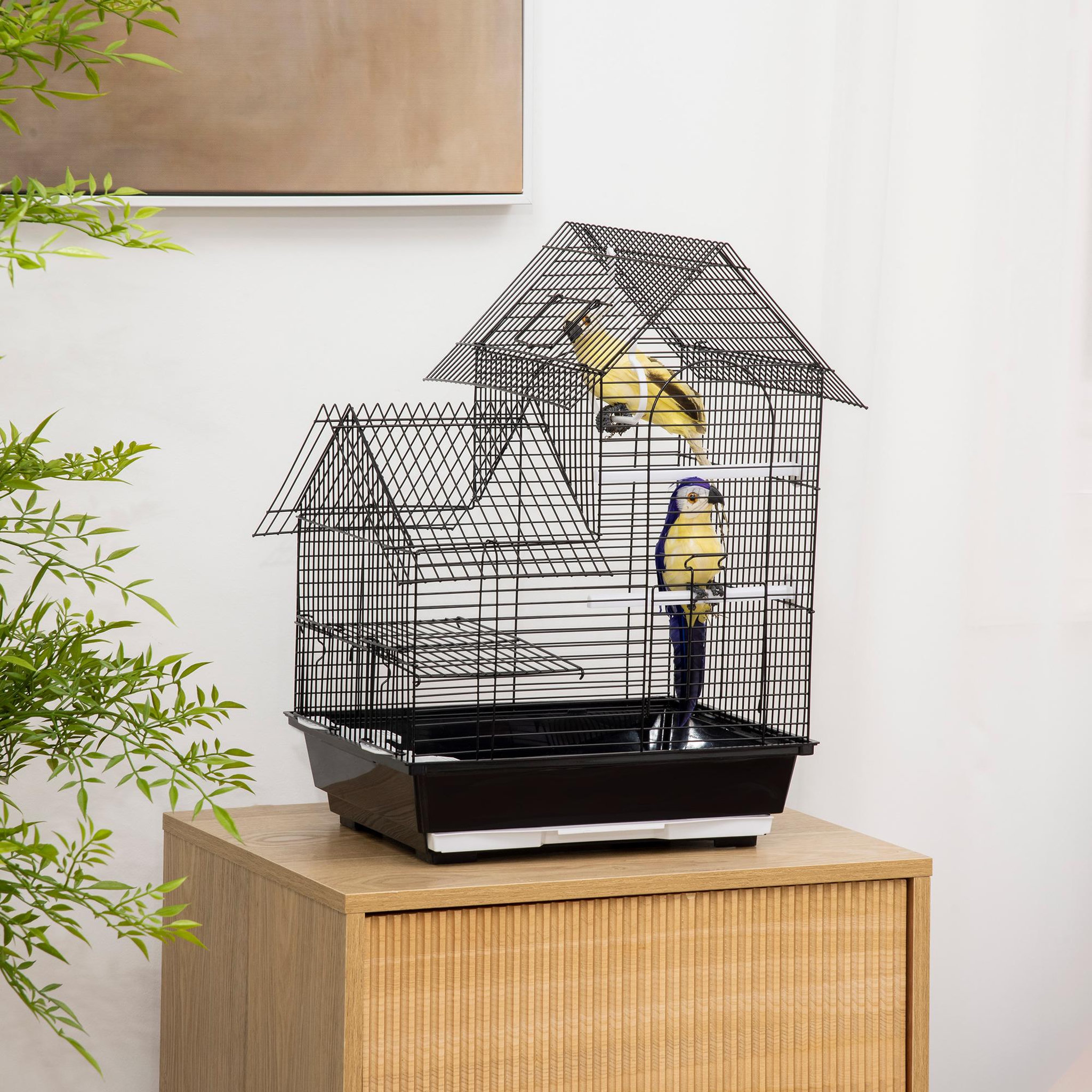 Voir la diapositive 2 : PAWHUT Cage à oiseaux design maison mangeoires perchoirs balançoire 2 portes plateau excrément amovible + poignée transport métal noir